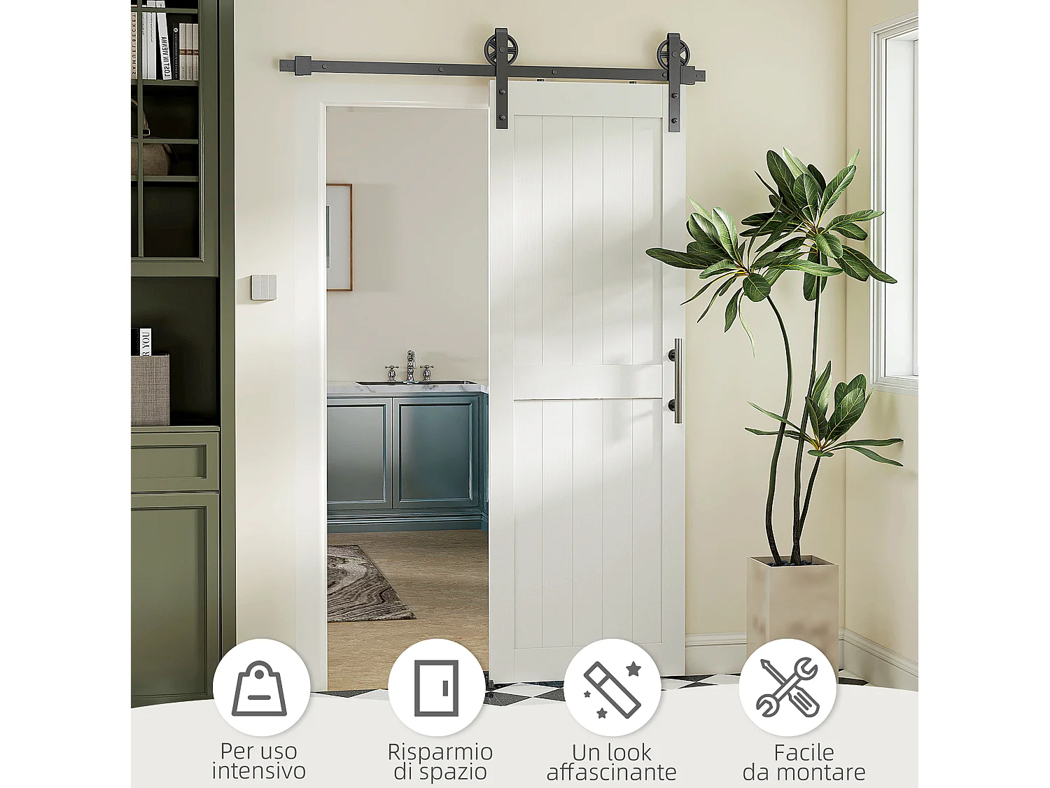Porta scorrevole in stile country 71.5x213.4cm legno e acciaio bianco