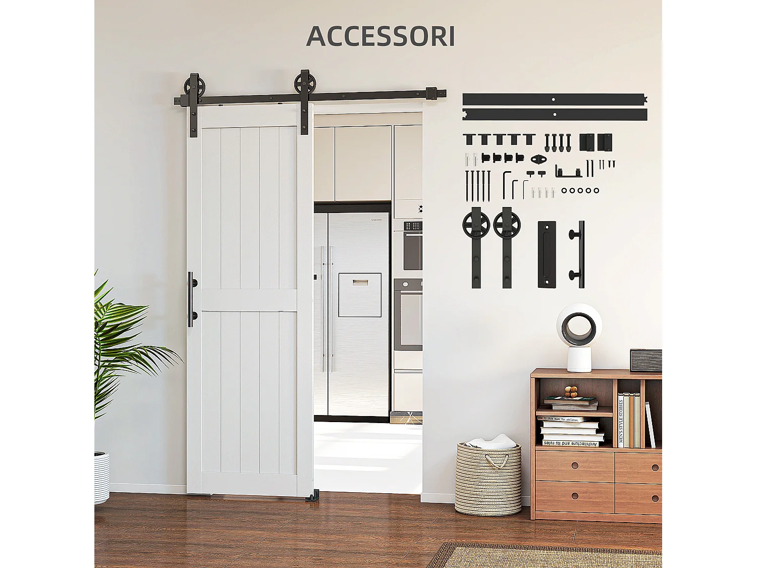 Porta scorrevole in stile country 71.5x213.4cm legno e acciaio bianco