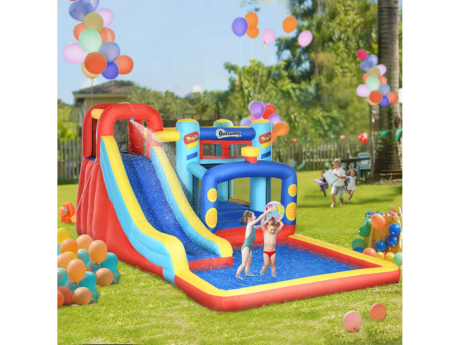 Castello gonfiabile bambini con trampolino scivolo e piscina