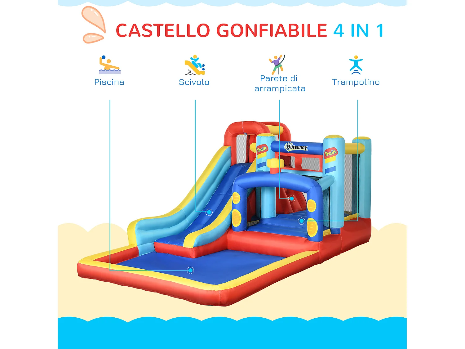 Castello gonfiabile bambini con trampolino scivolo e piscina
