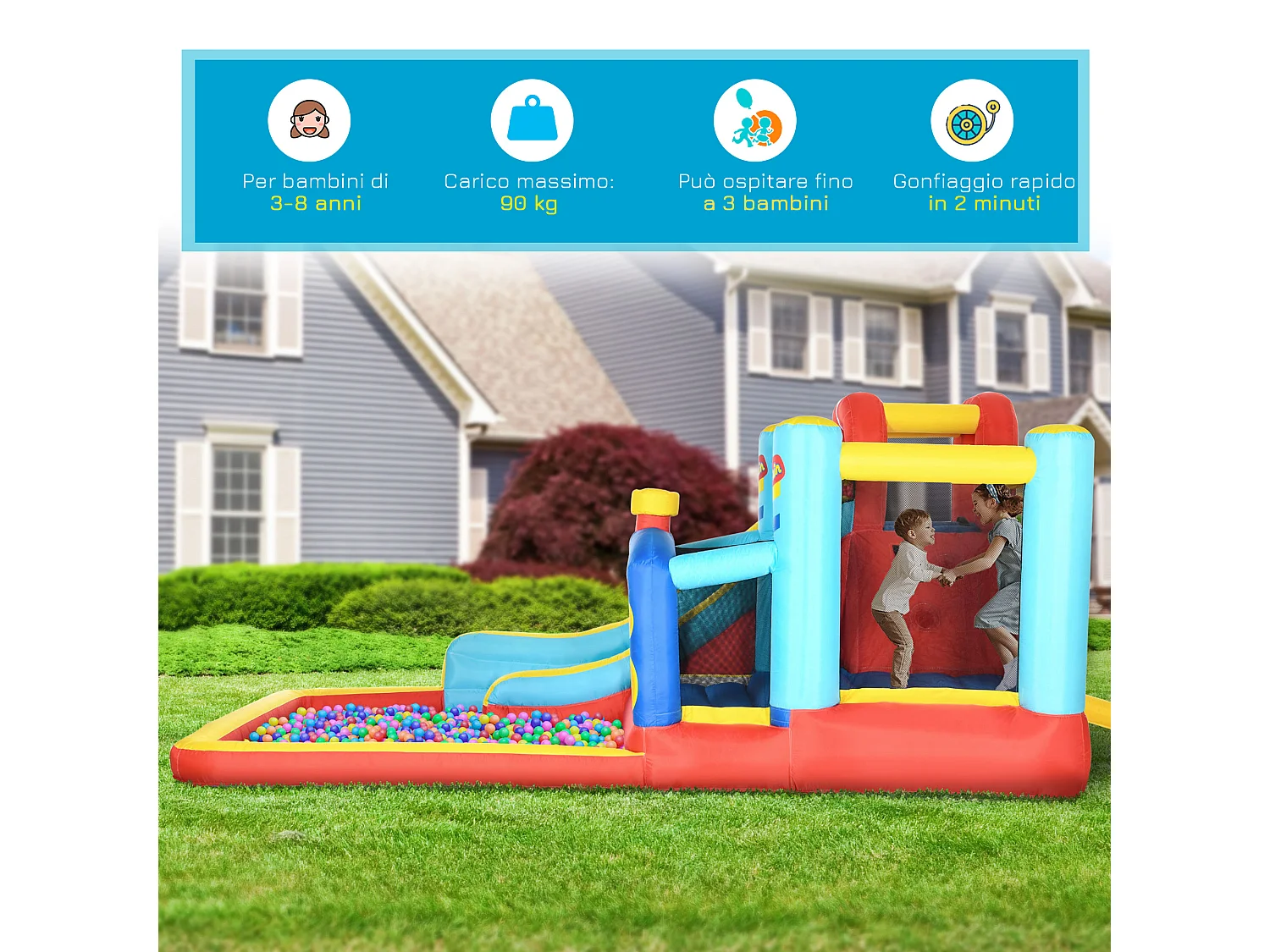 Castello gonfiabile bambini con trampolino scivolo e piscina