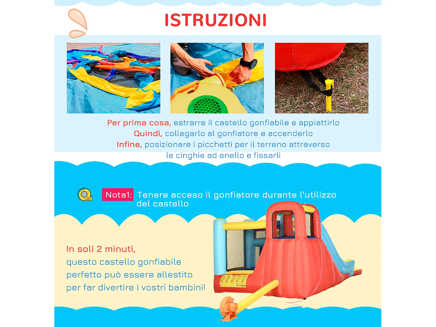 Castello gonfiabile bambini con trampolino scivolo e piscina