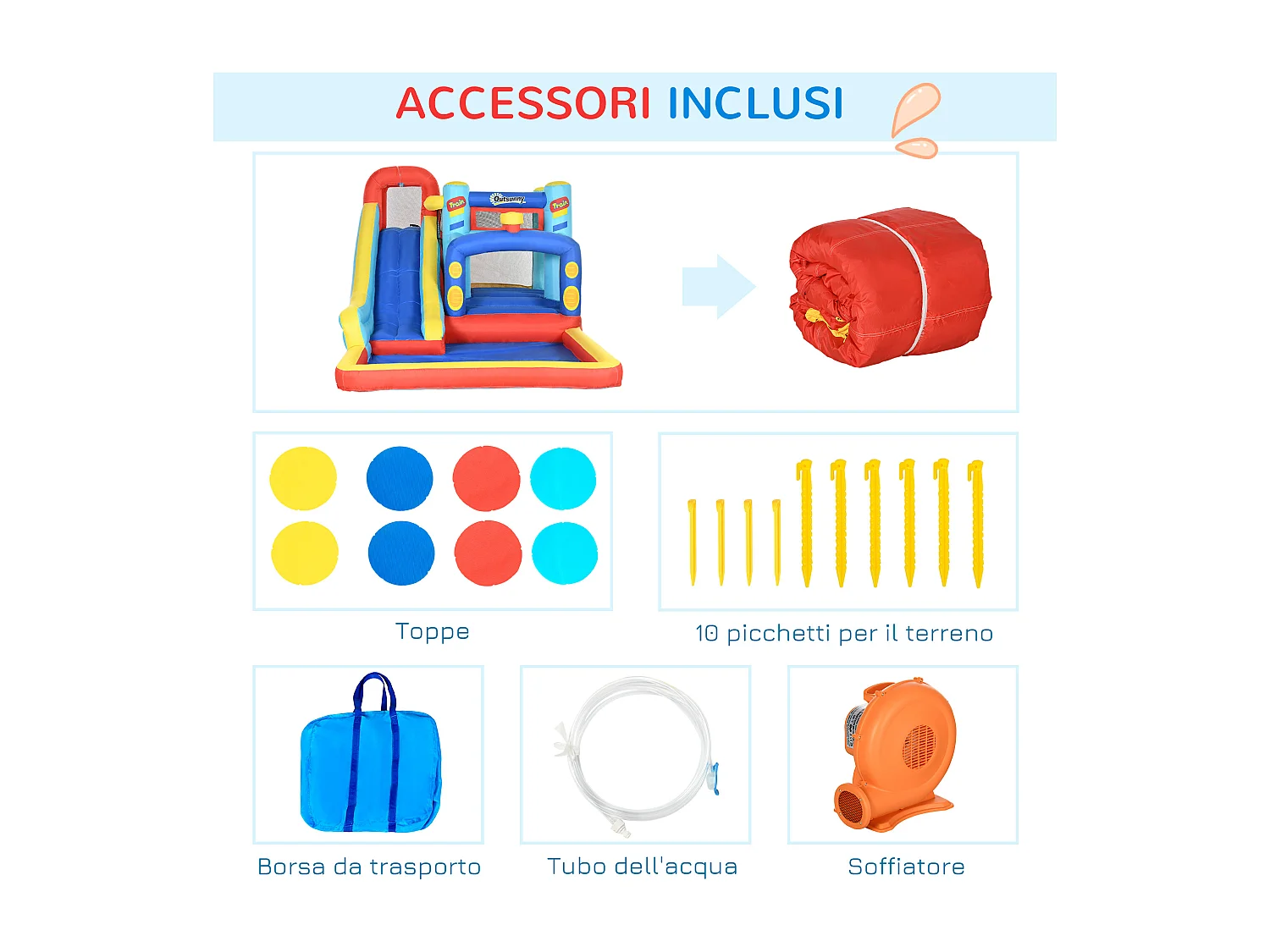 Castello gonfiabile bambini con trampolino scivolo e piscina