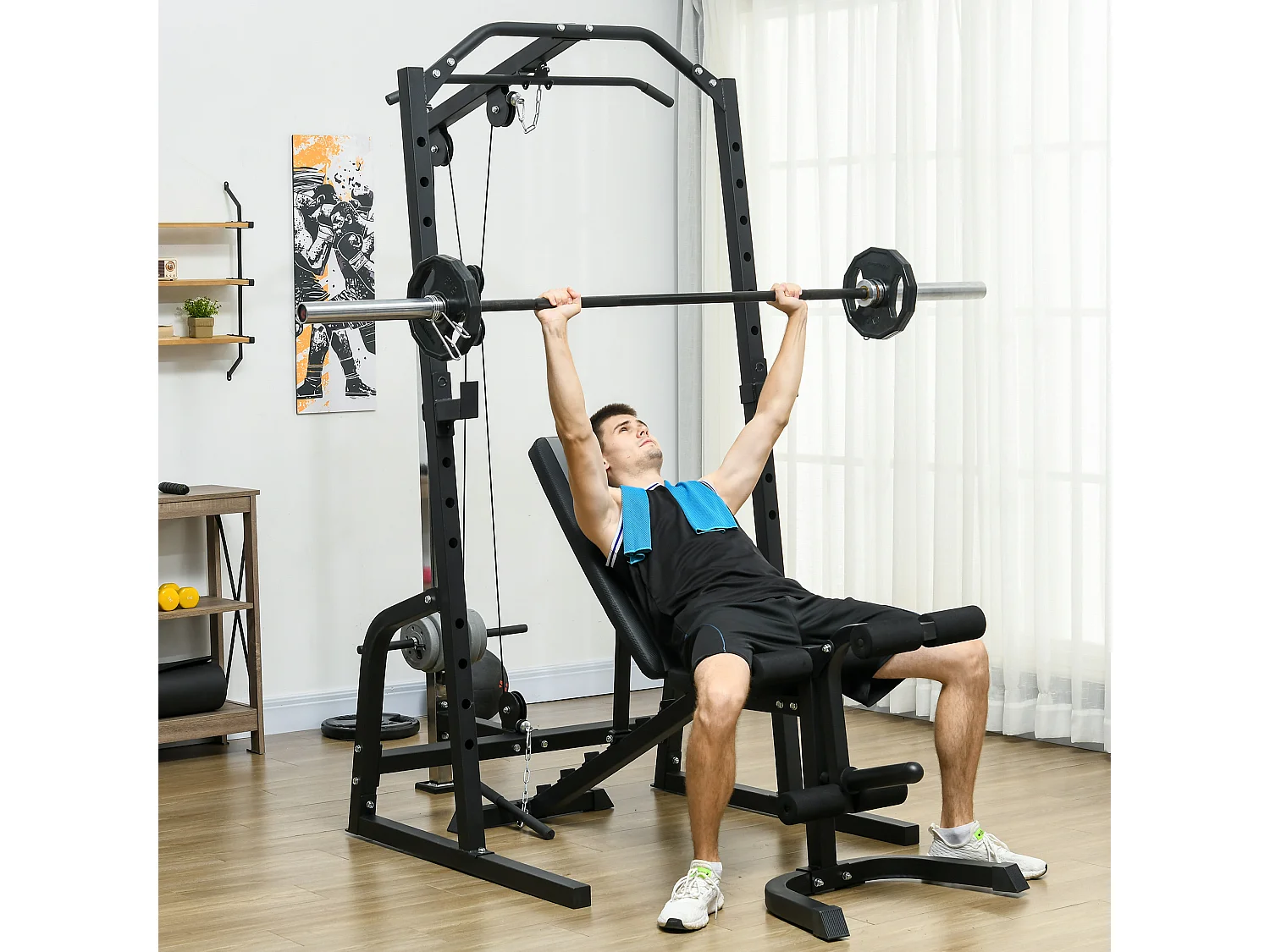 Power tower multifunzione con panca e porta bilanciere in acciaio nero