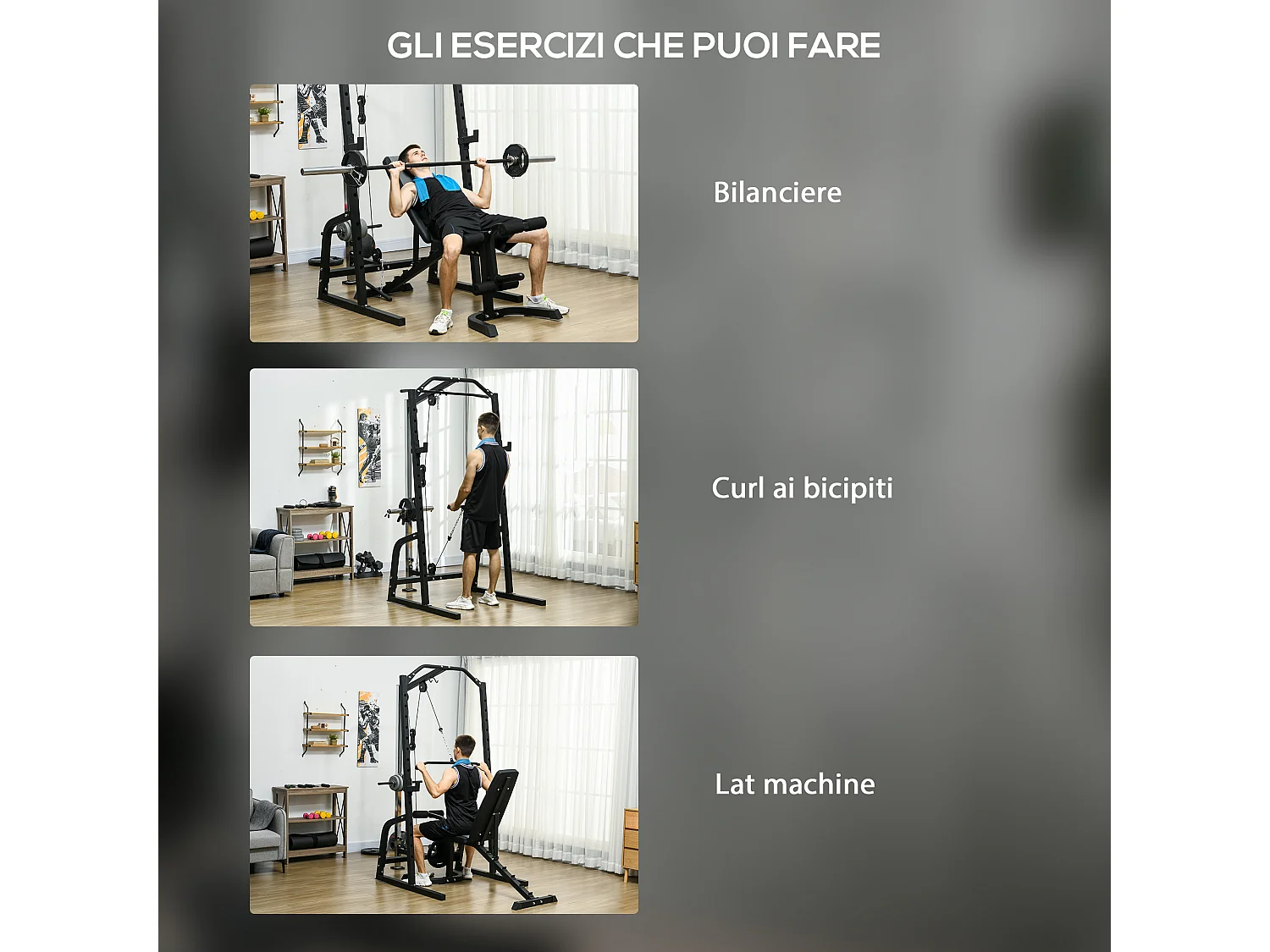 Power tower multifunzione con panca e porta bilanciere in acciaio nero