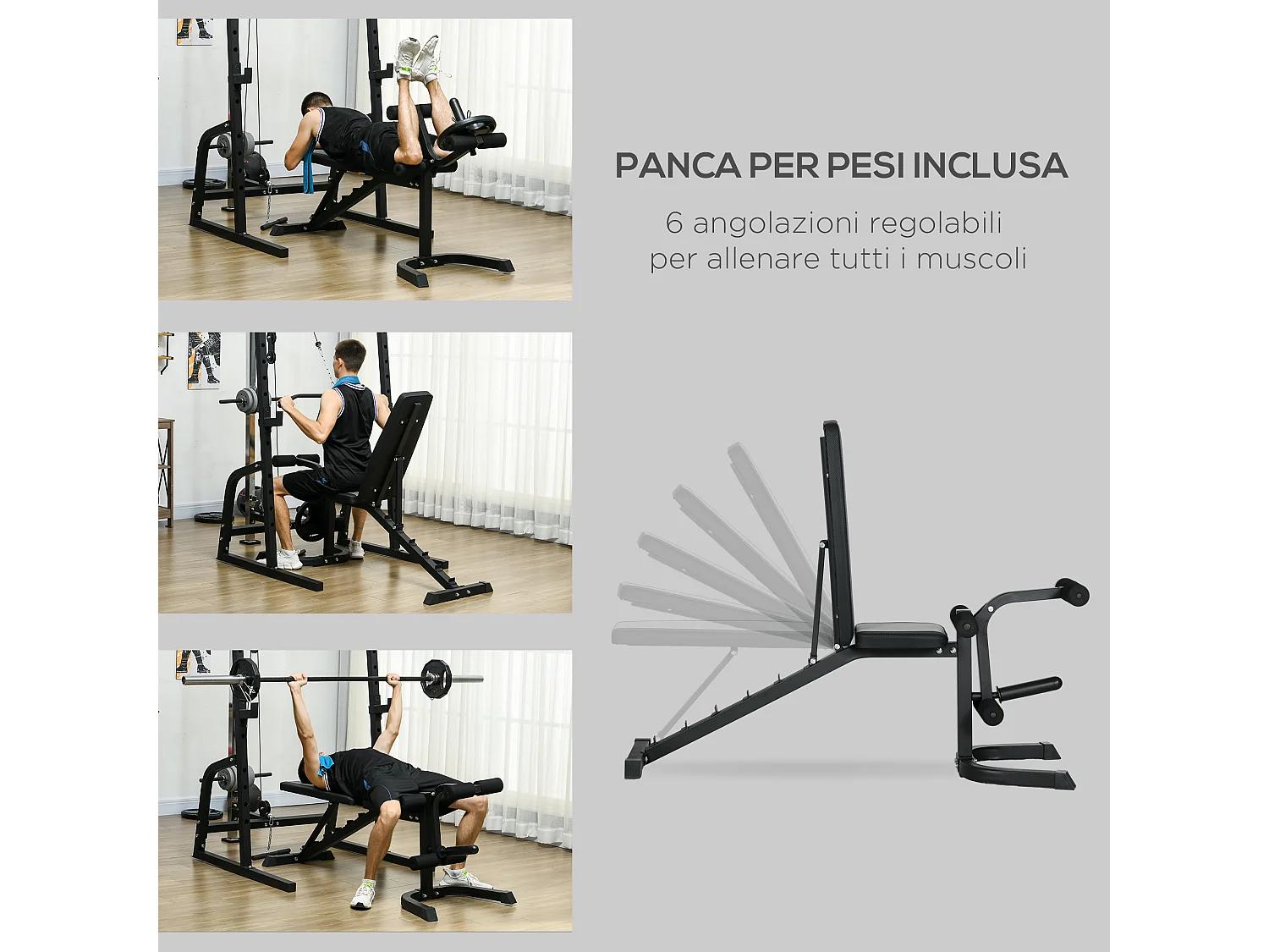 Power tower multifunzione con panca e porta bilanciere in acciaio nero