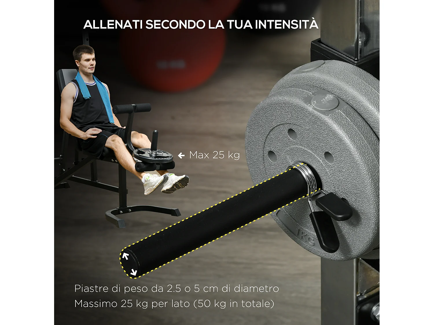 Power tower multifunzione con panca e porta bilanciere in acciaio nero