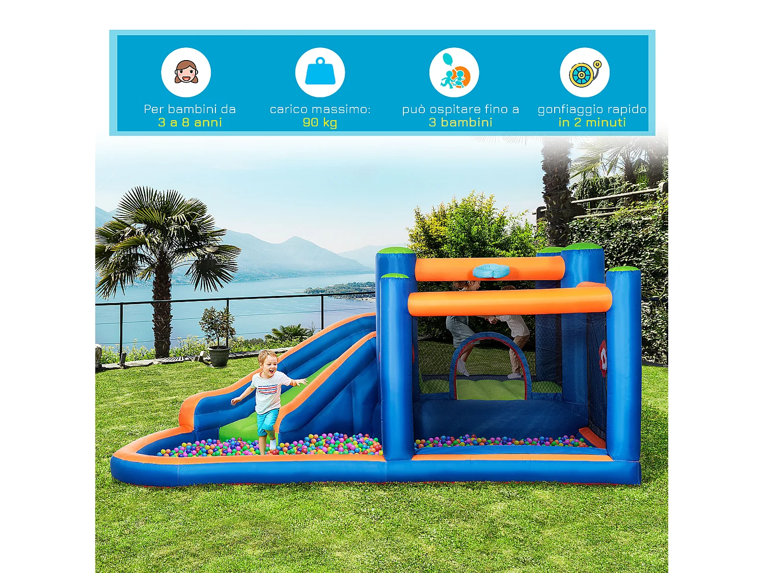 Castello gonfiabile bambini con scivolo, trampolino e piscina