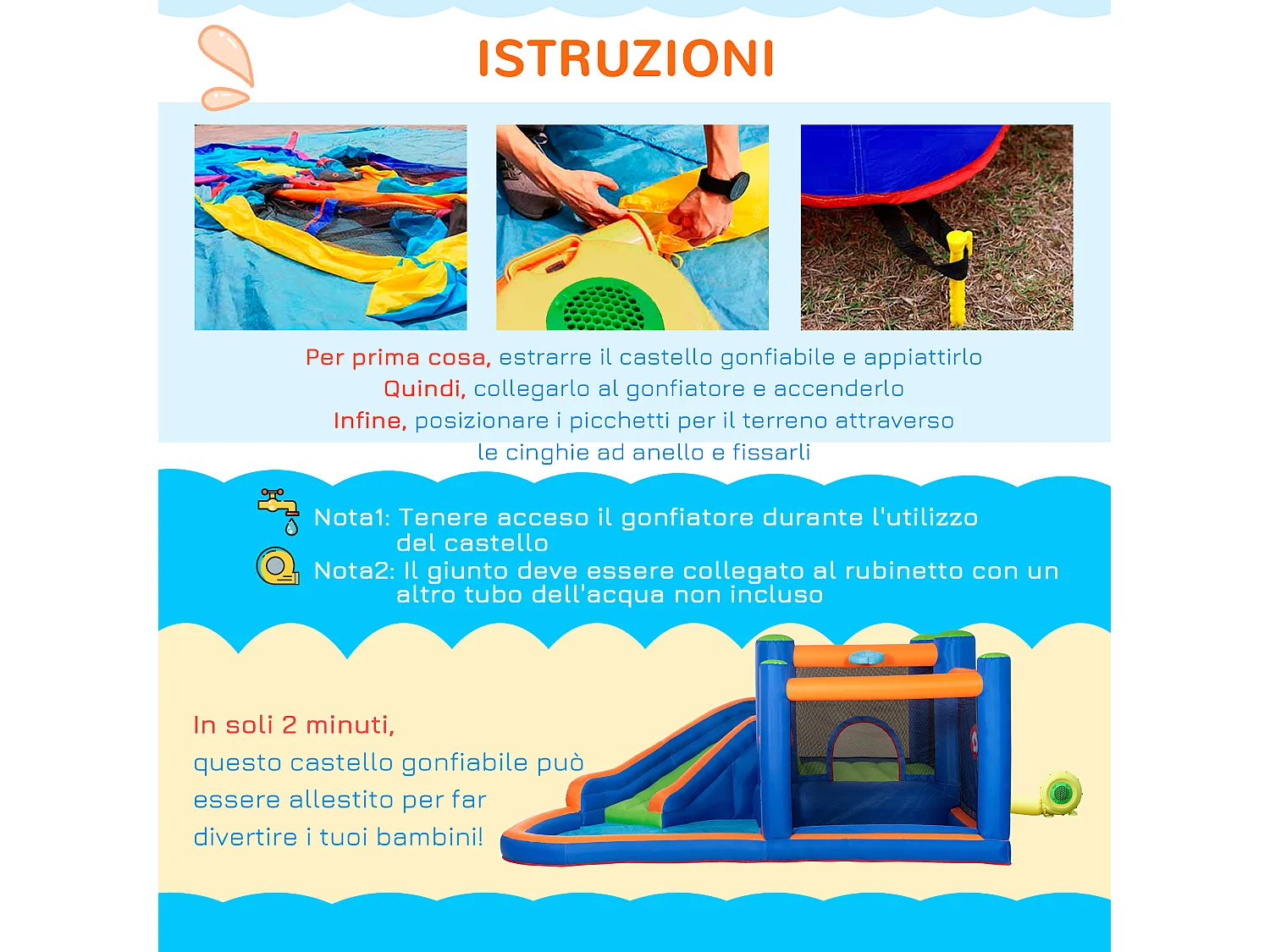 Castello gonfiabile bambini con scivolo, trampolino e piscina