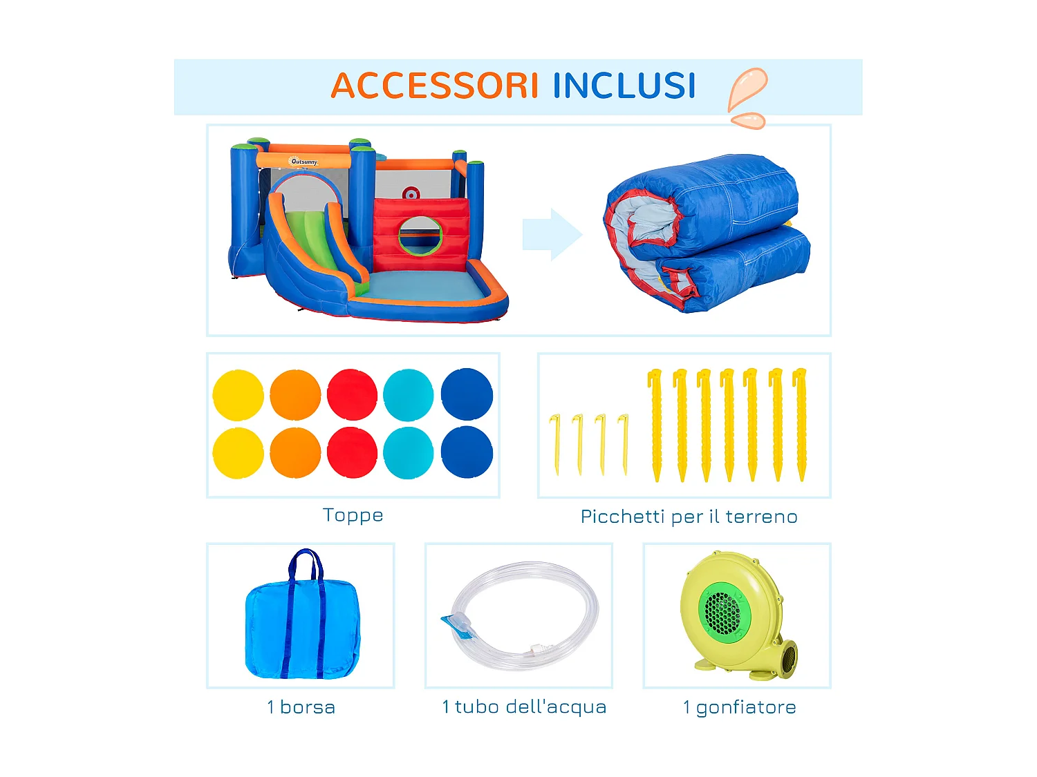 Castello gonfiabile bambini con scivolo, trampolino e piscina