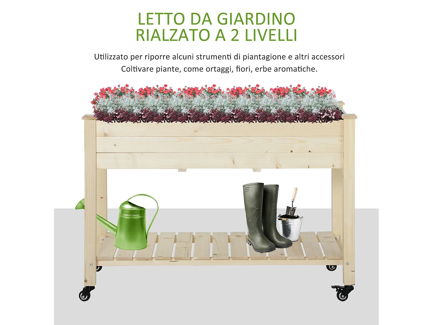 Letto per orto rialzato con ruote e ripiano inferiore in legno