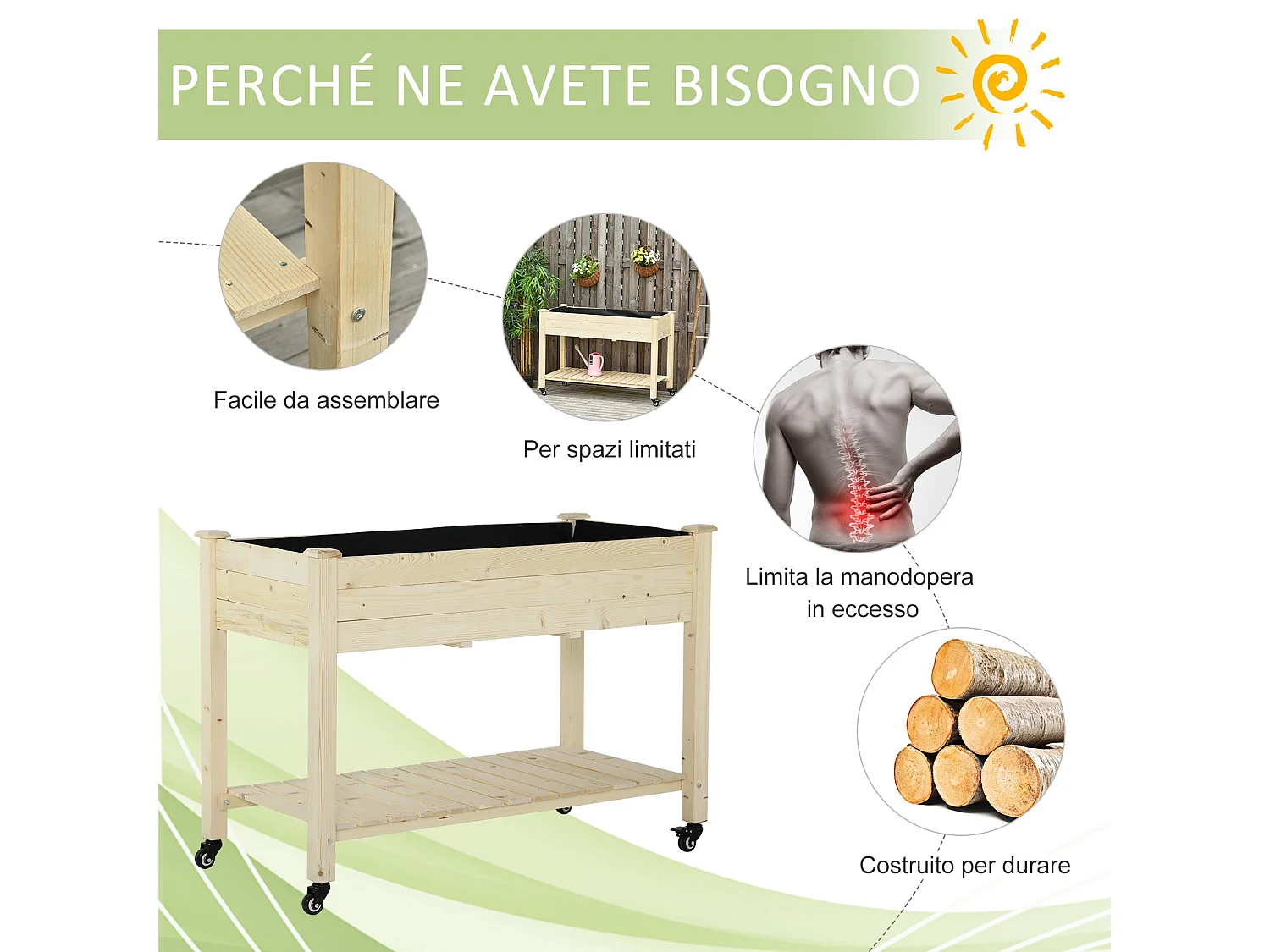 Letto per orto rialzato con ruote e ripiano inferiore in legno