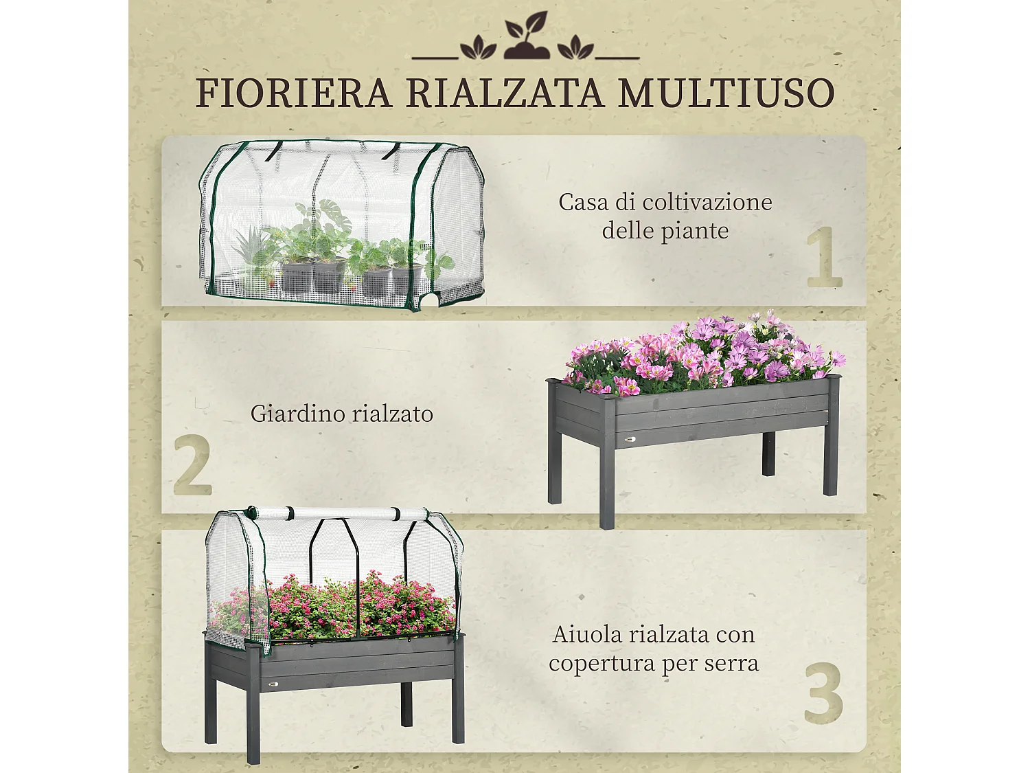 Letto per orto con serra in legno e PE grigio scuro