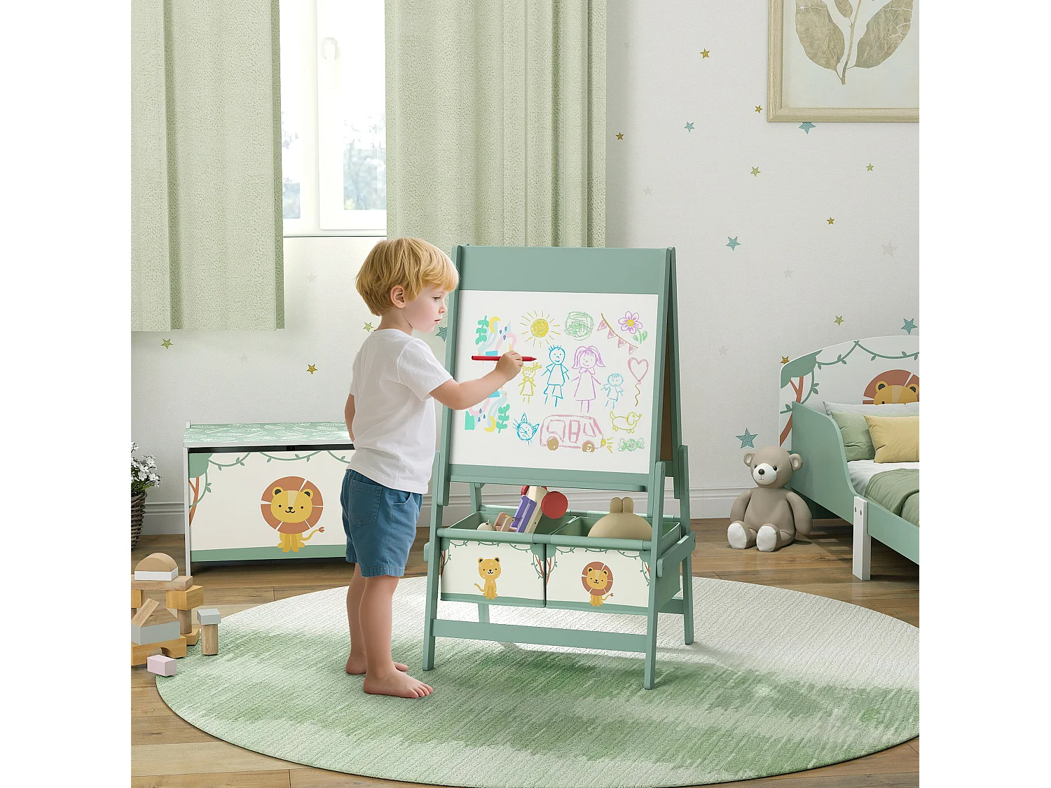 Lavagna per bambini 3 in 1 con rotolo di carta e 2 cestelli verde