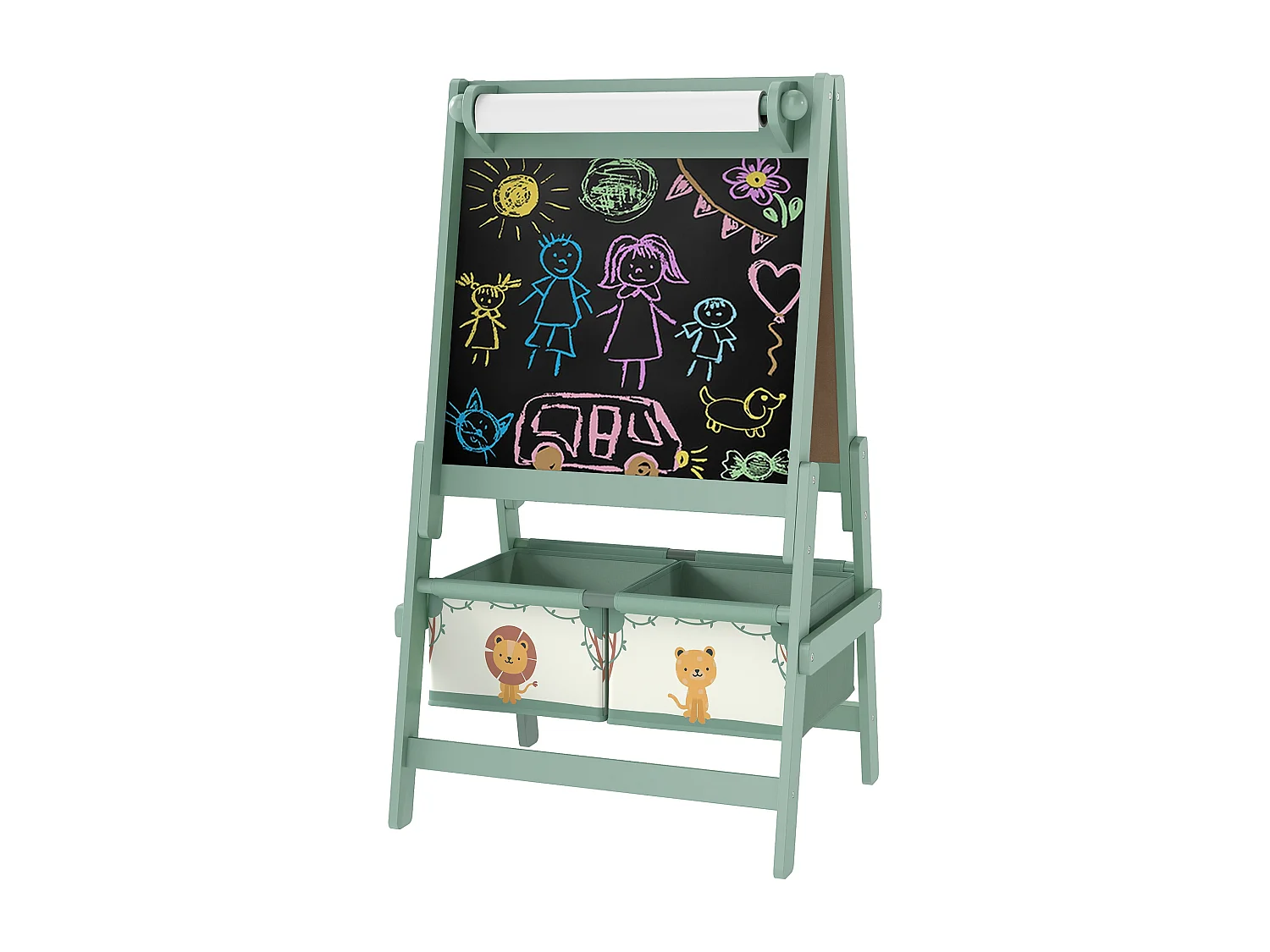Lavagna per bambini 3 in 1 con rotolo di carta e 2 cestelli verde