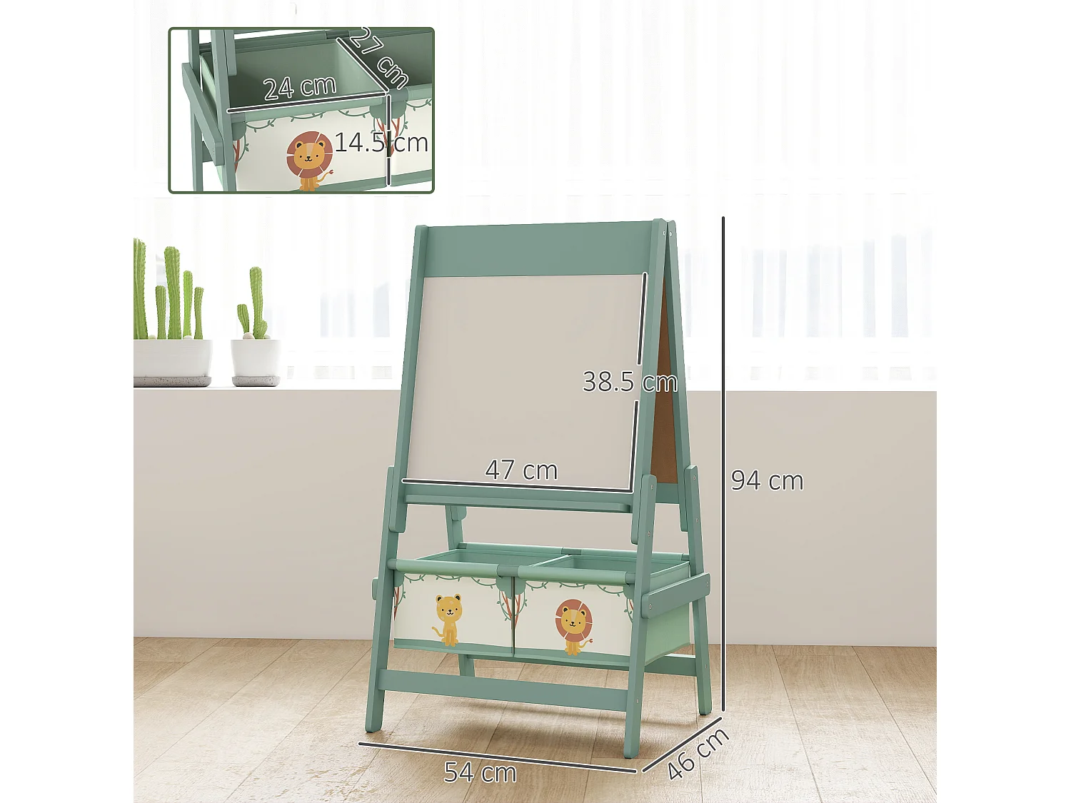 Lavagna per bambini 3 in 1 con rotolo di carta e 2 cestelli verde