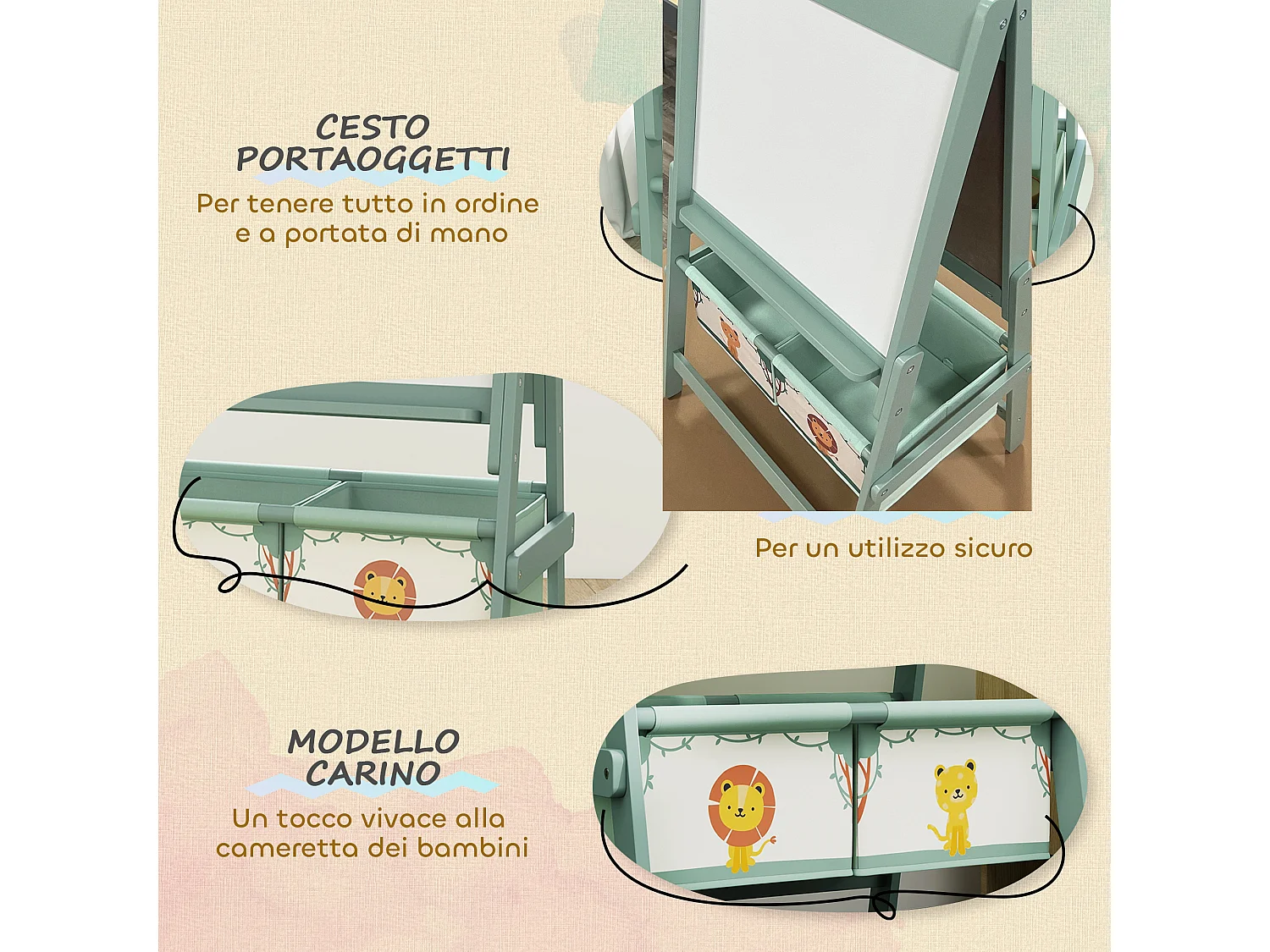 Lavagna per bambini 3 in 1 con rotolo di carta e 2 cestelli verde
