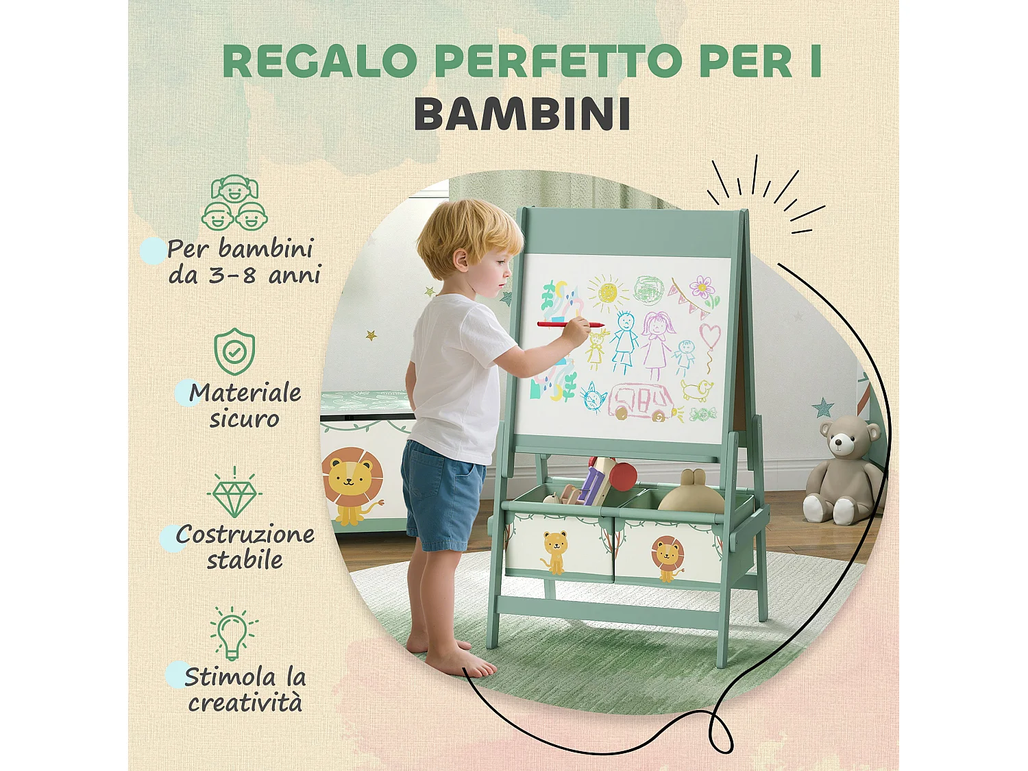 Lavagna per bambini 3 in 1 con rotolo di carta e 2 cestelli verde