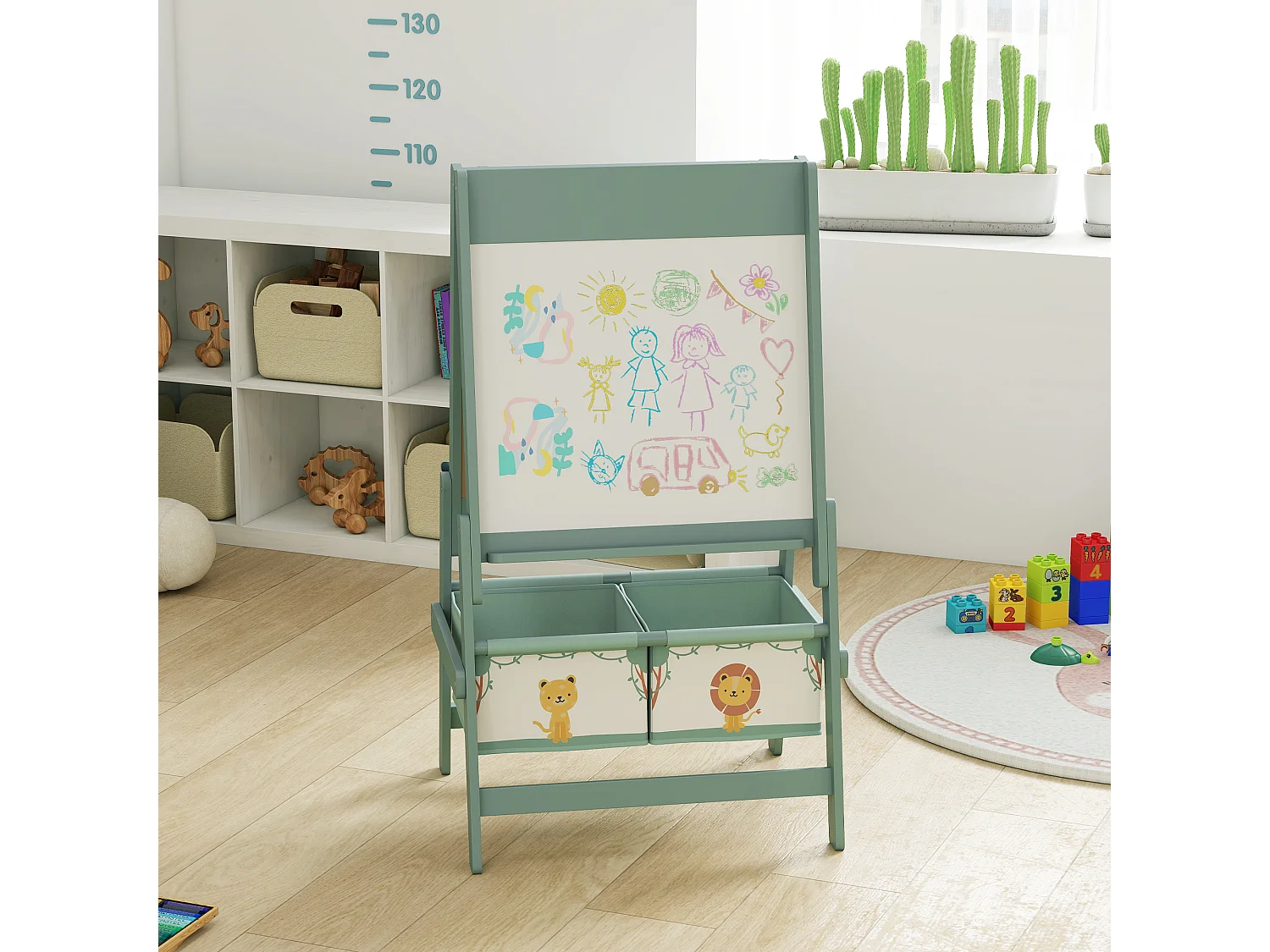 Lavagna per bambini 3 in 1 con rotolo di carta e 2 cestelli verde