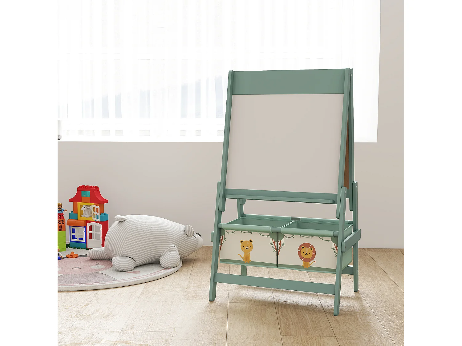 Lavagna per bambini 3 in 1 con rotolo di carta e 2 cestelli verde