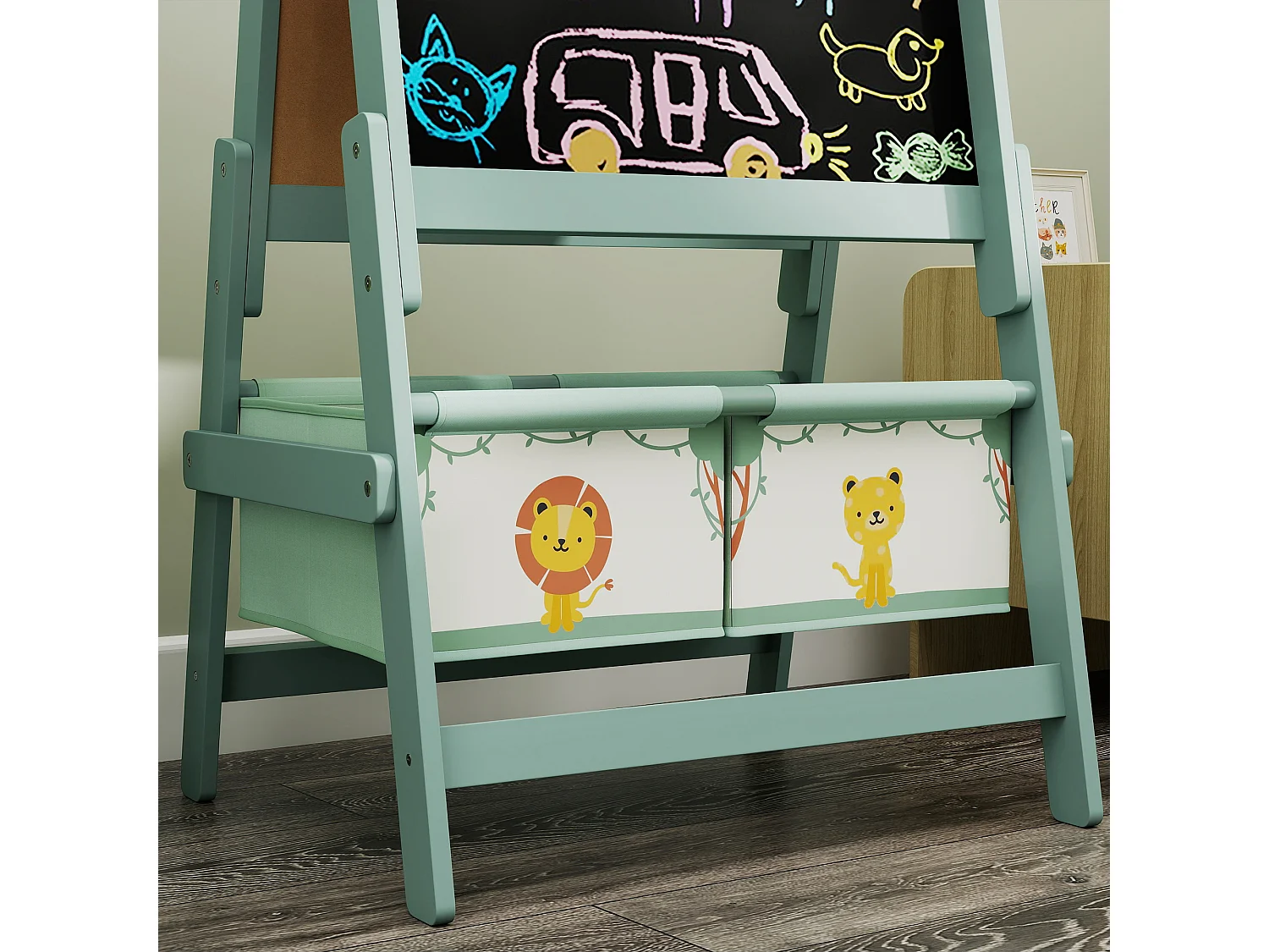 Lavagna per bambini 3 in 1 con rotolo di carta e 2 cestelli verde