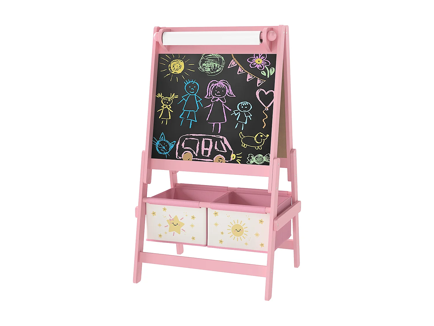 Lavagna per bambini 3 in 1 con rotolo di carta e 2 cestelli rosa