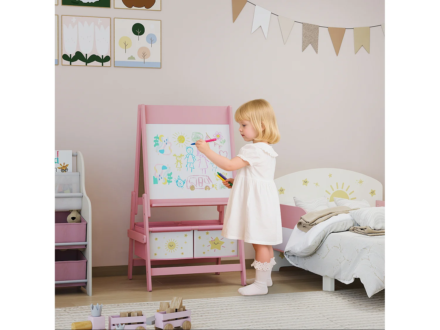 Lavagna per bambini 3 in 1 con rotolo di carta e 2 cestelli rosa