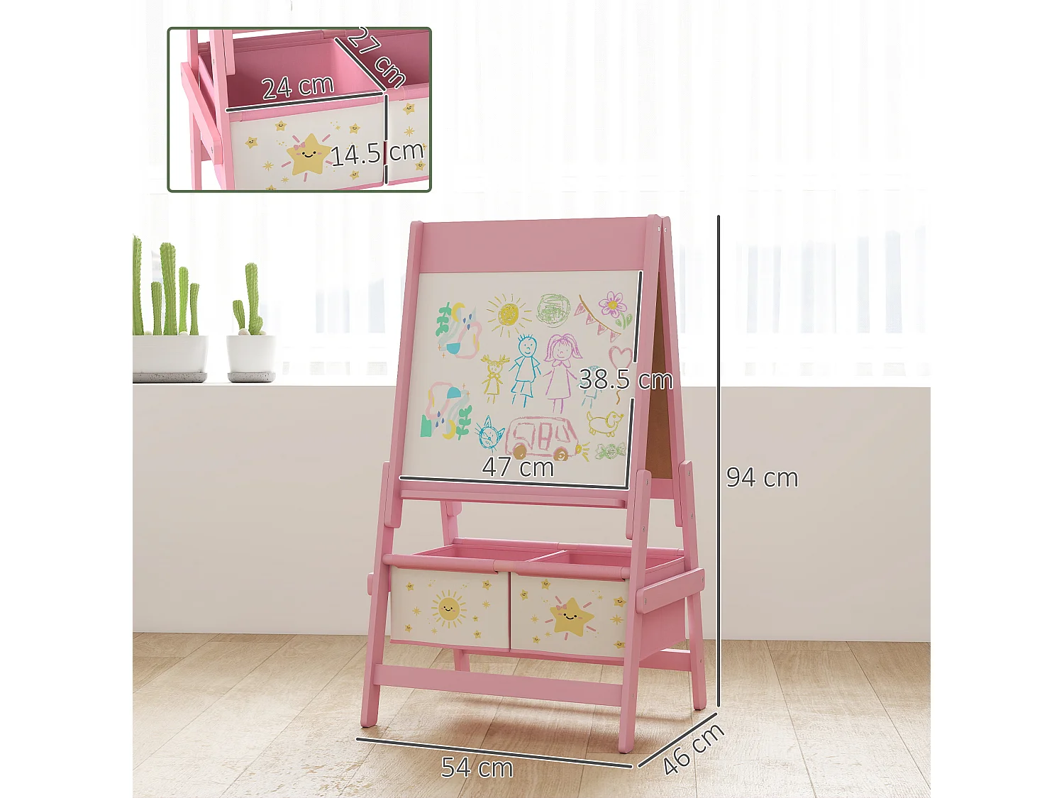 Lavagna per bambini 3 in 1 con rotolo di carta e 2 cestelli rosa