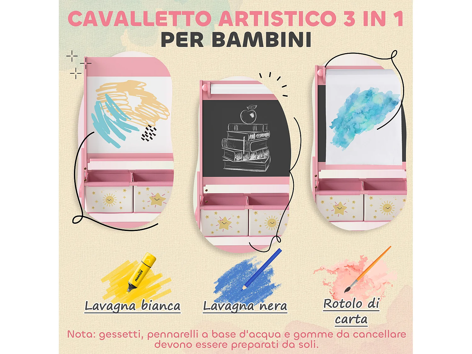 Lavagna per bambini 3 in 1 con rotolo di carta e 2 cestelli rosa