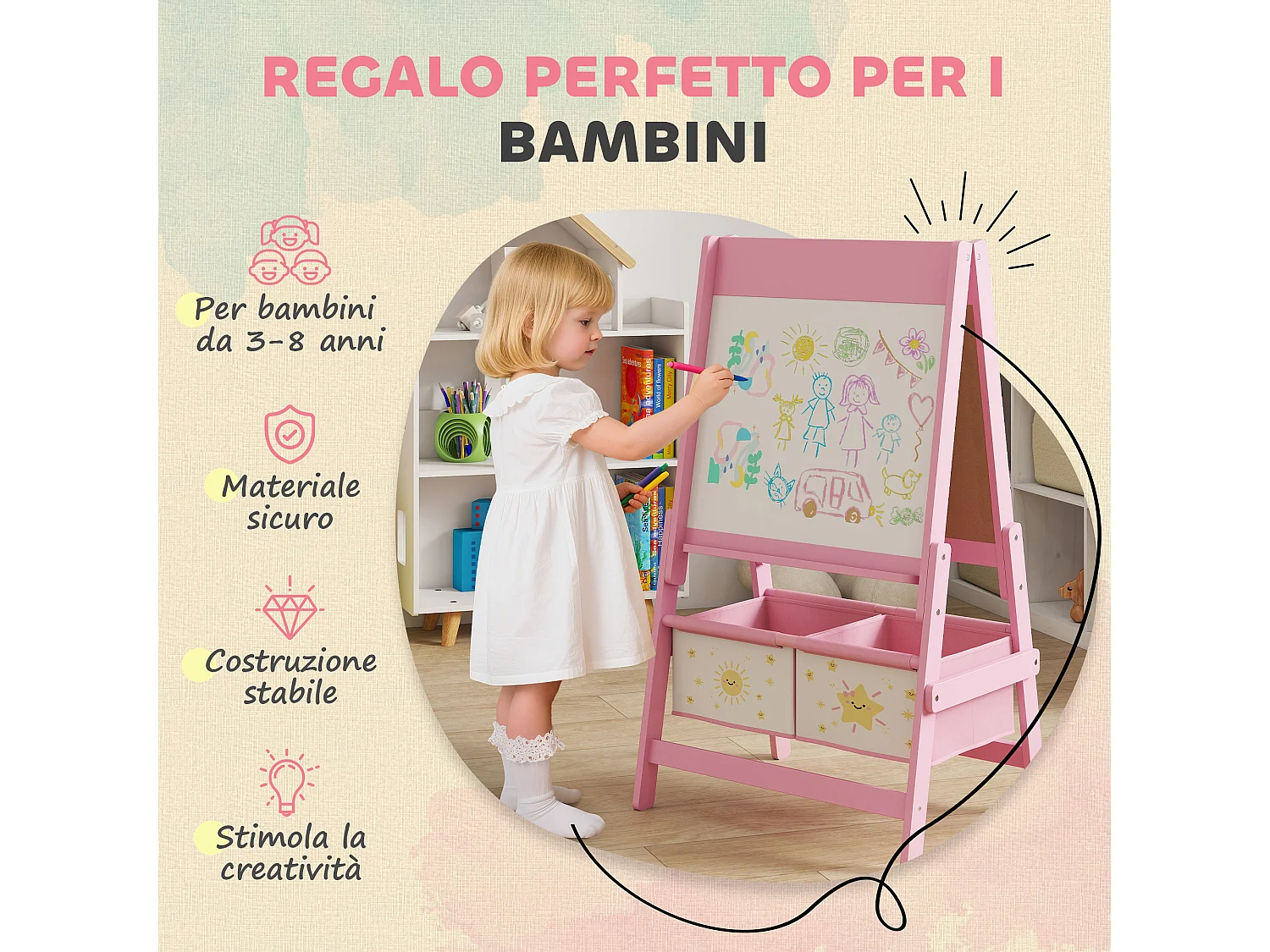 Lavagna per bambini 3 in 1 con rotolo di carta e 2 cestelli rosa