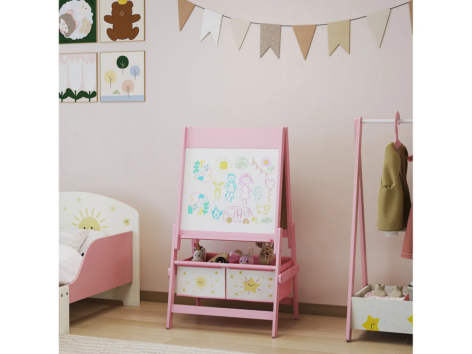 Lavagna per bambini 3 in 1 con rotolo di carta e 2 cestelli rosa