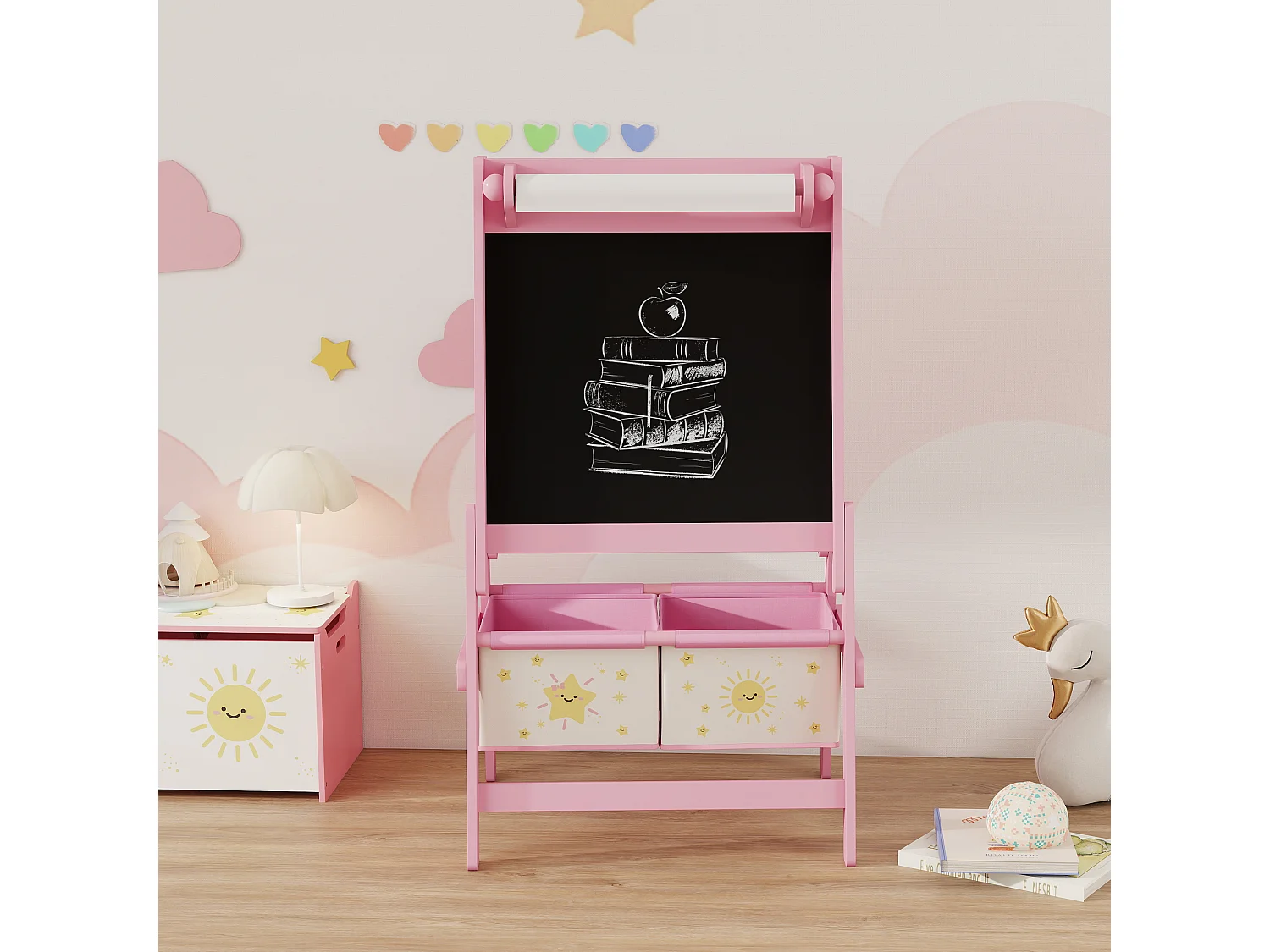 Lavagna per bambini 3 in 1 con rotolo di carta e 2 cestelli rosa