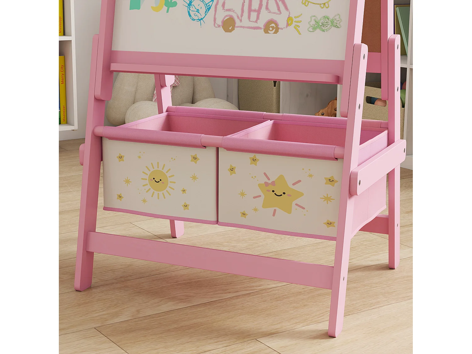 Lavagna per bambini 3 in 1 con rotolo di carta e 2 cestelli rosa