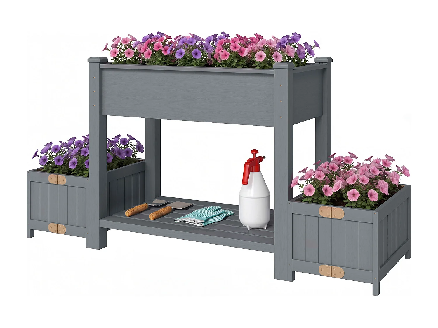 Letto per orto rialzato con vasi laterali e ripiano in legno grigio
