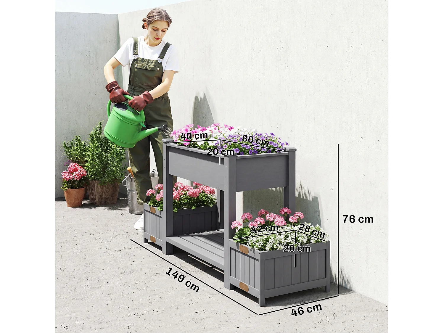 Letto per orto rialzato con vasi laterali e ripiano in legno grigio