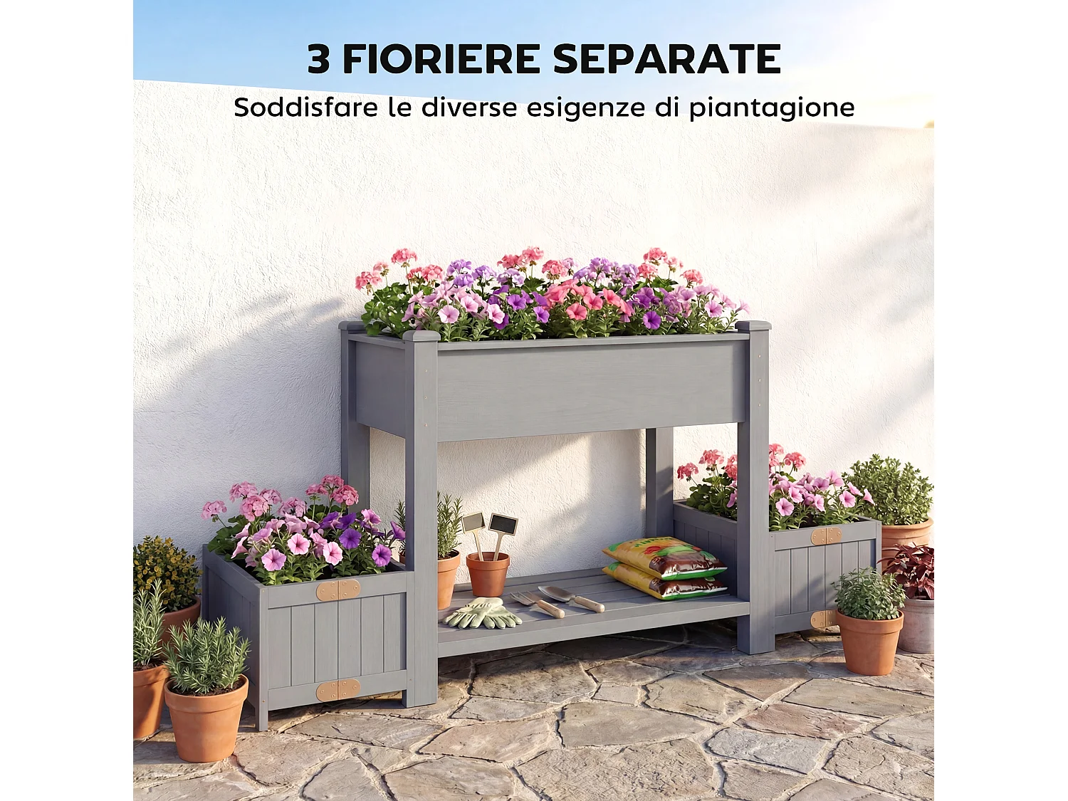Letto per orto rialzato con vasi laterali e ripiano in legno grigio