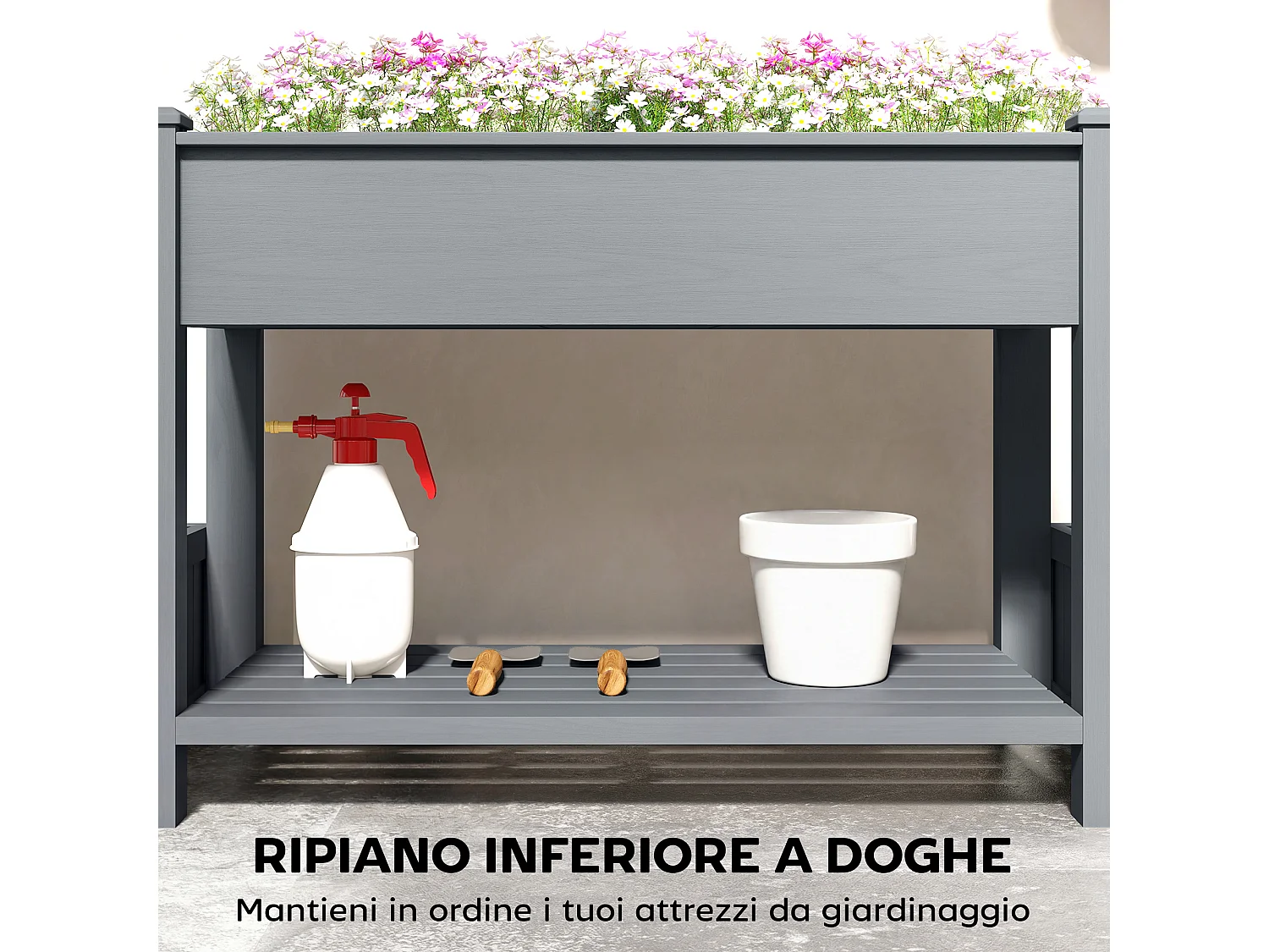 Letto per orto rialzato con vasi laterali e ripiano in legno grigio
