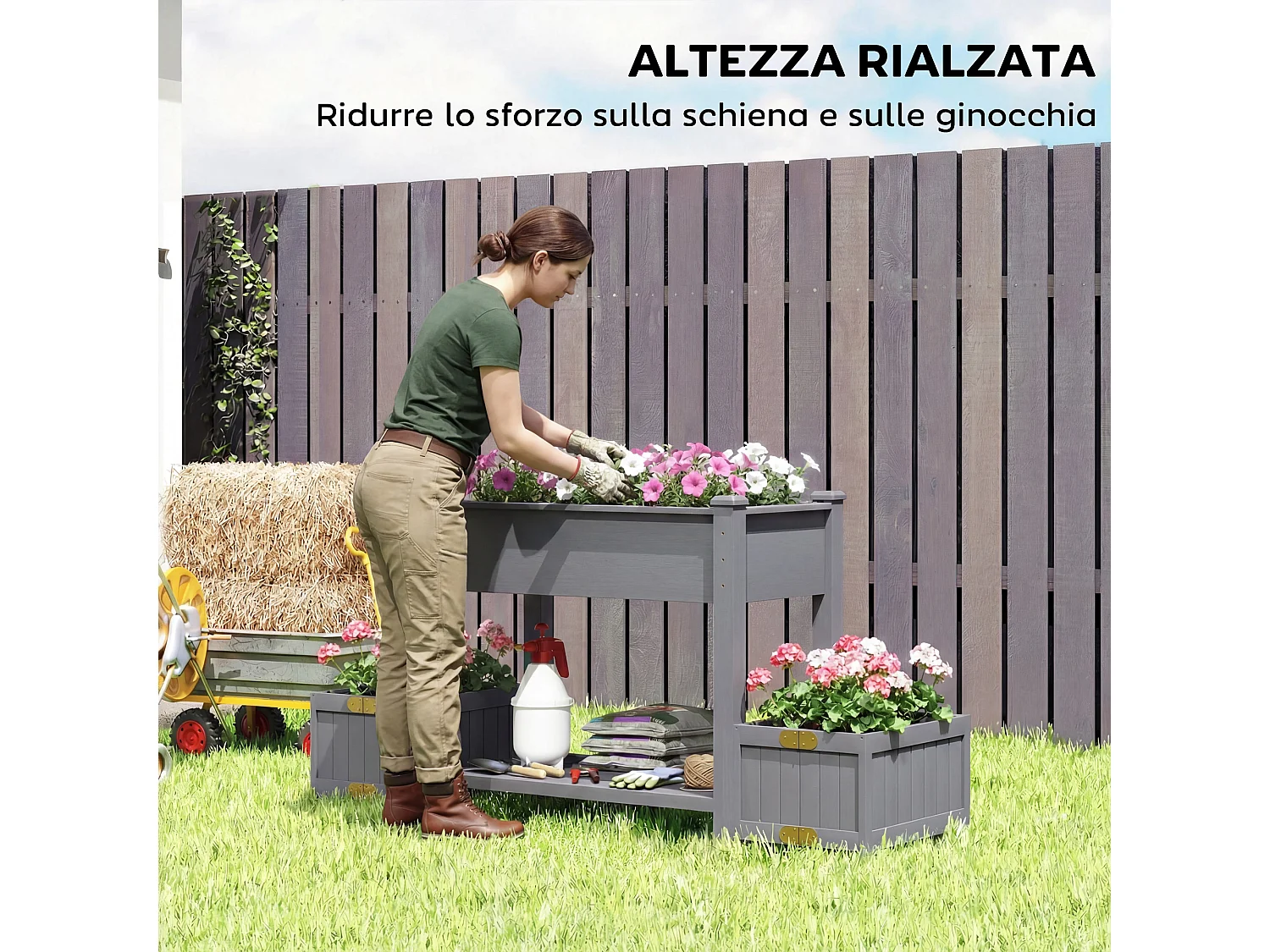 Letto per orto rialzato con vasi laterali e ripiano in legno grigio