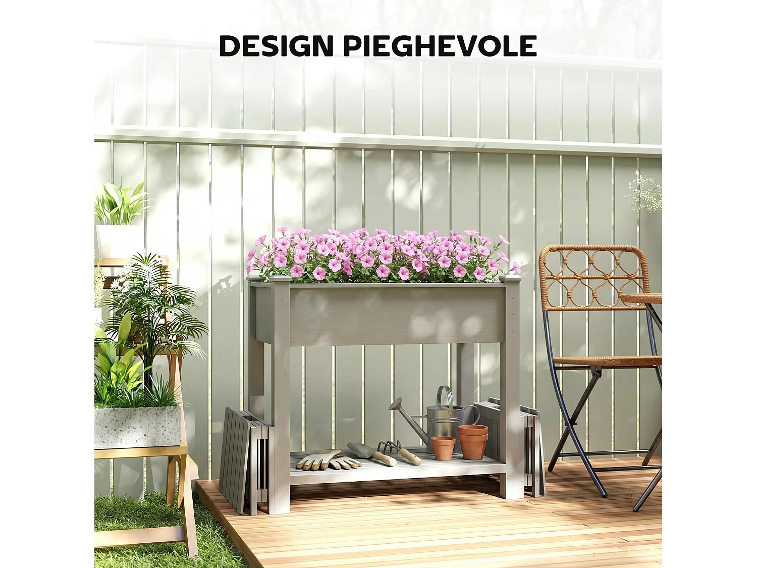 Letto per orto rialzato con vasi laterali e ripiano in legno grigio