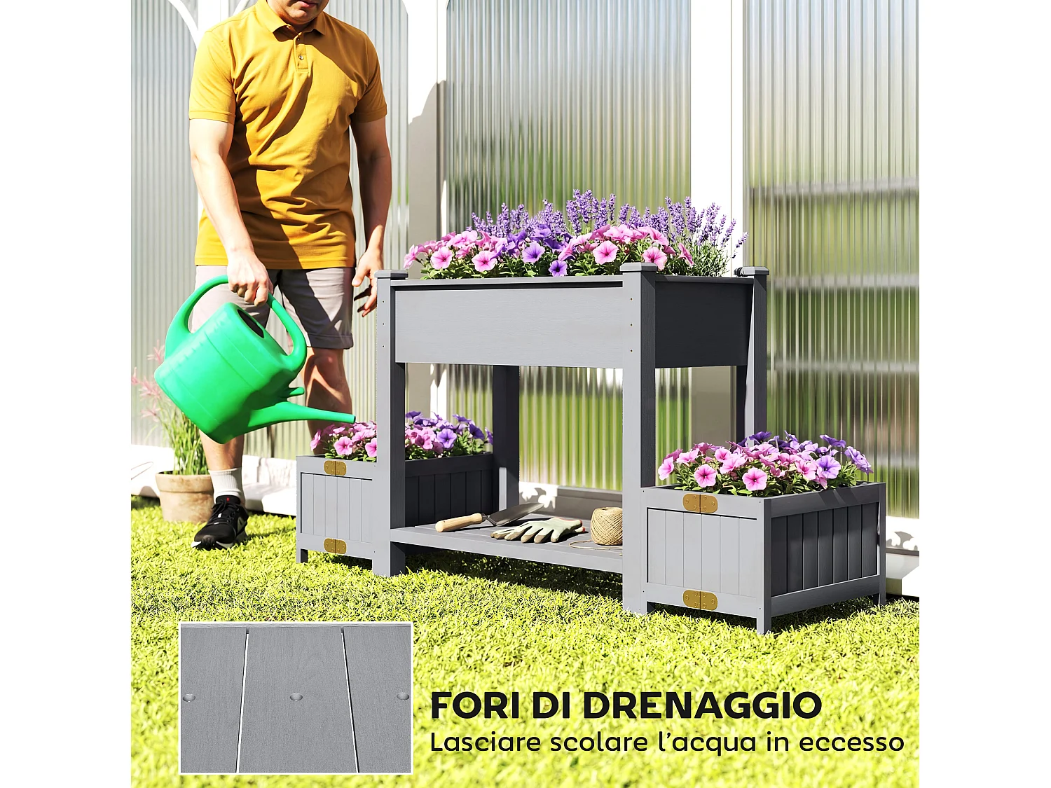 Letto per orto rialzato con vasi laterali e ripiano in legno grigio