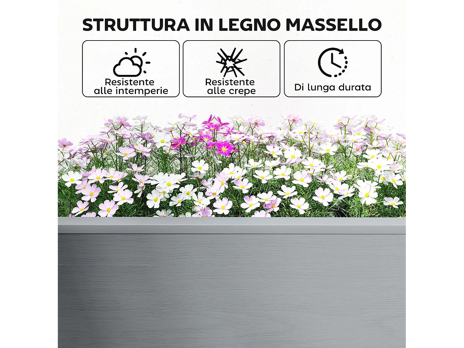 Letto per orto rialzato con vasi laterali e ripiano in legno grigio