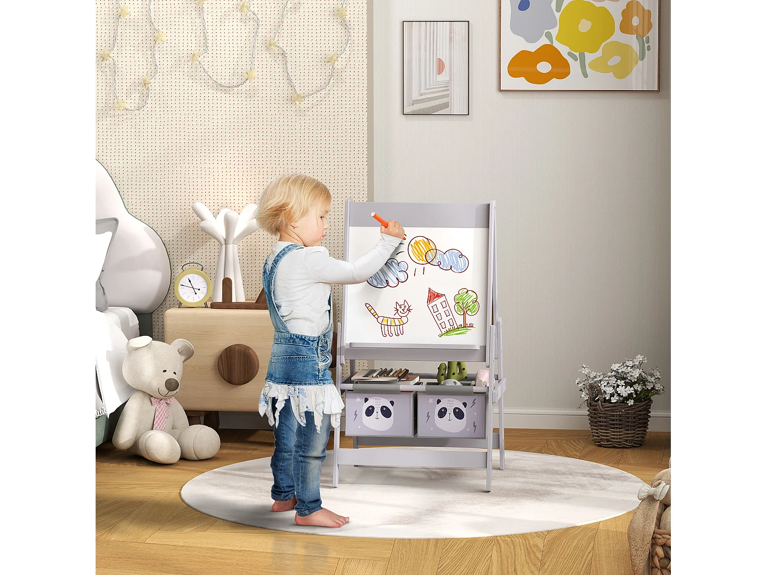 Lavagna per bambini con cavalletto e 2 contenitori grigio