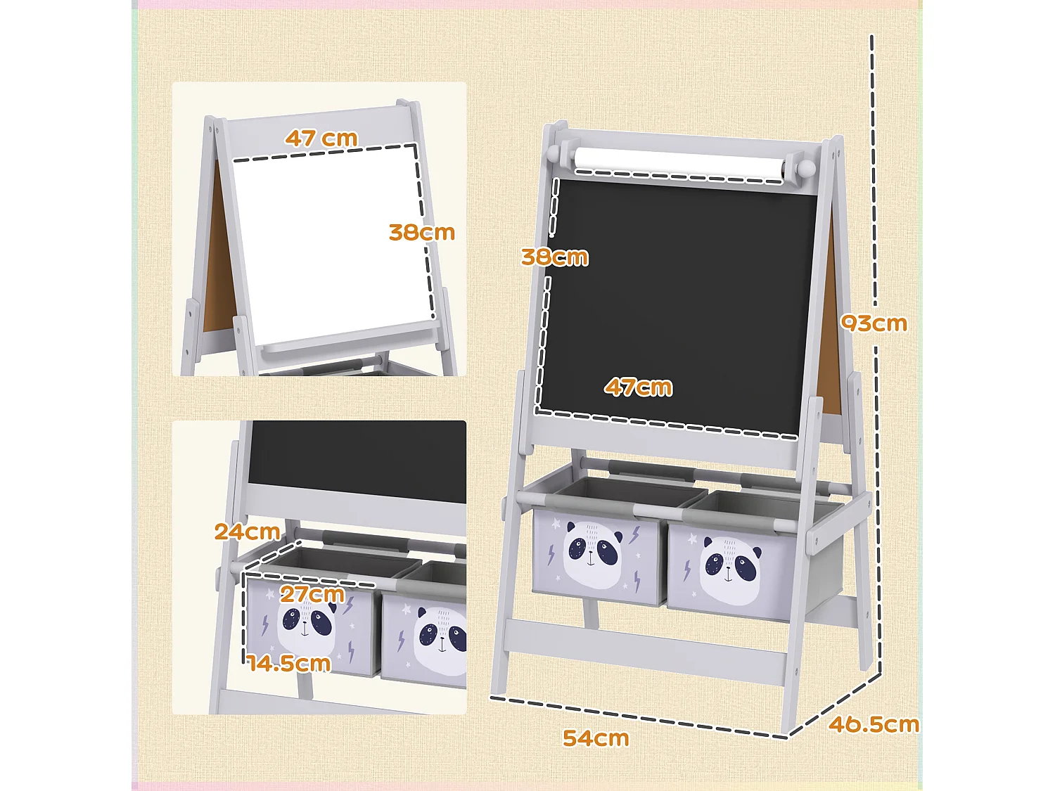 Lavagna per bambini con cavalletto e 2 contenitori grigio