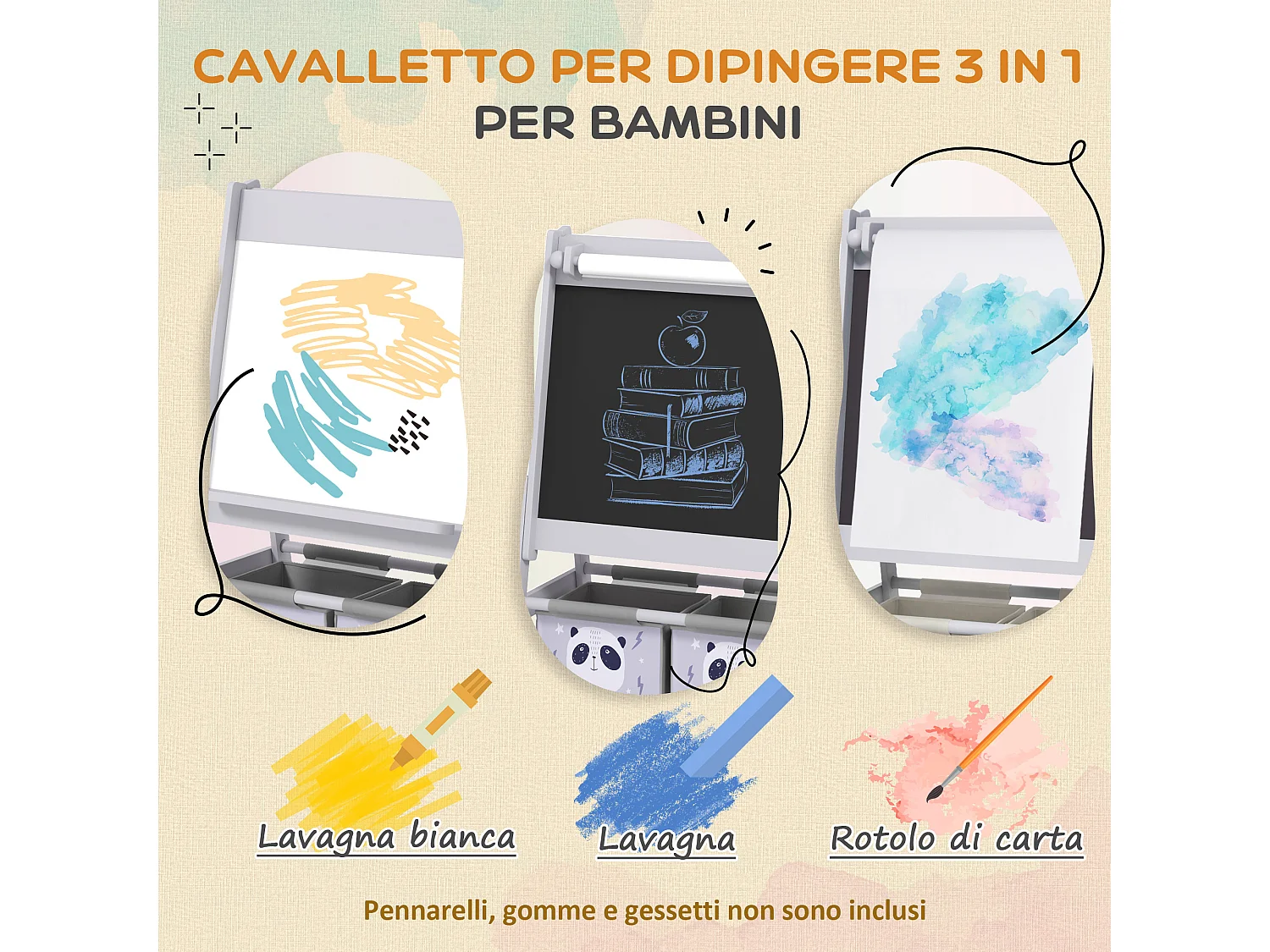 Lavagna per bambini con cavalletto e 2 contenitori grigio