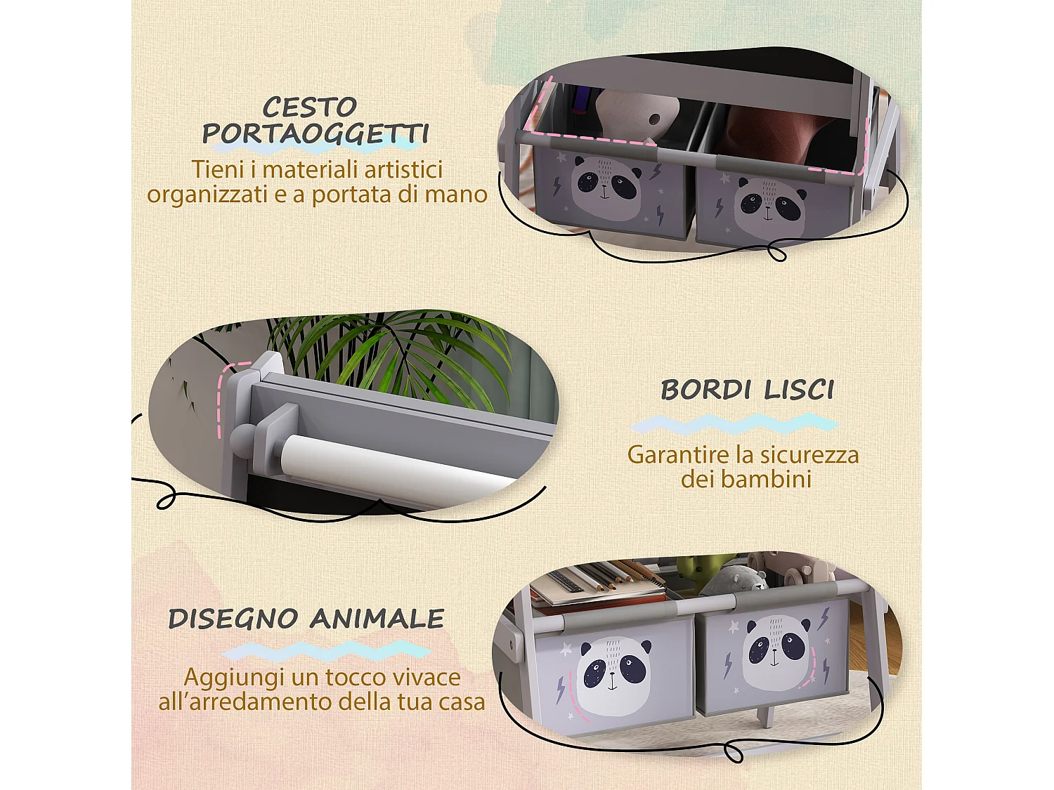 Lavagna per bambini con cavalletto e 2 contenitori grigio