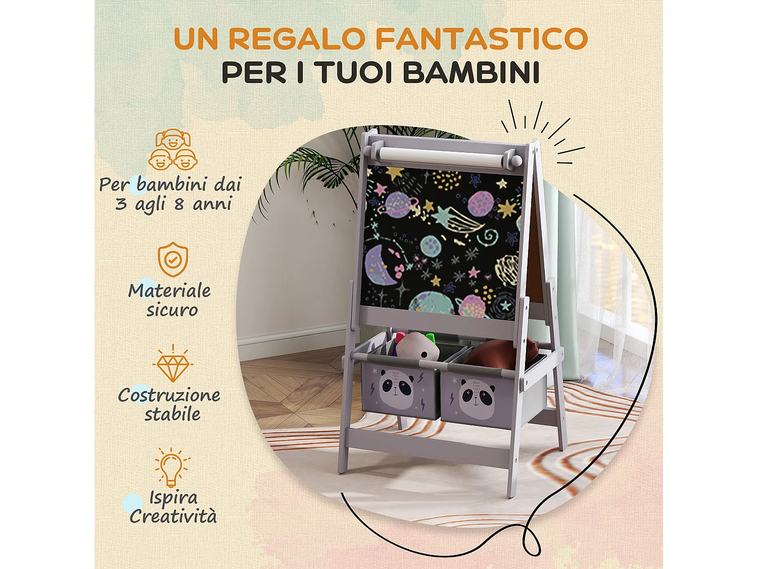 Lavagna per bambini con cavalletto e 2 contenitori grigio