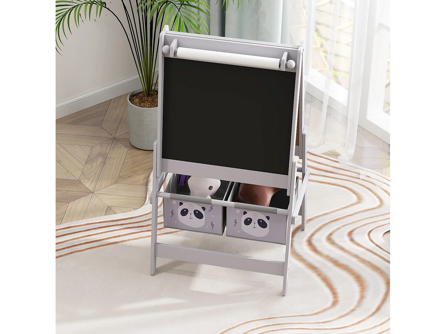 Lavagna per bambini con cavalletto e 2 contenitori grigio