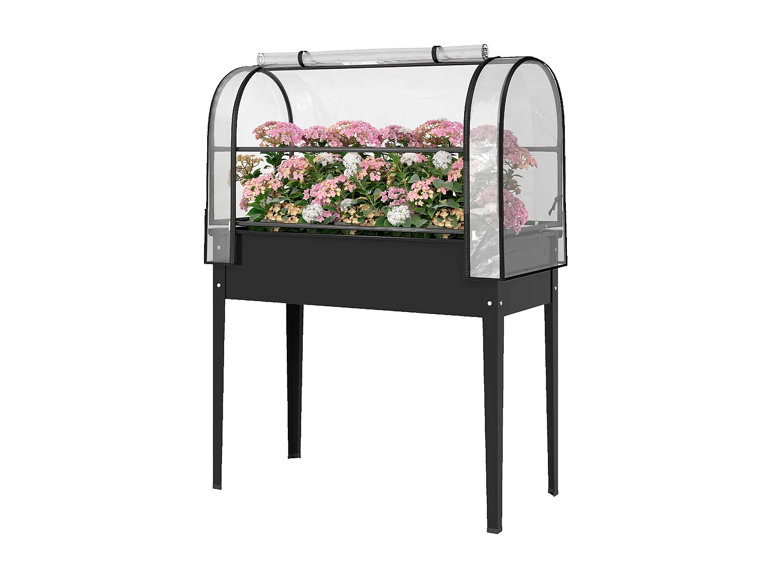 Letto per orto rialzato con mini serra e foro di drenaggio nero