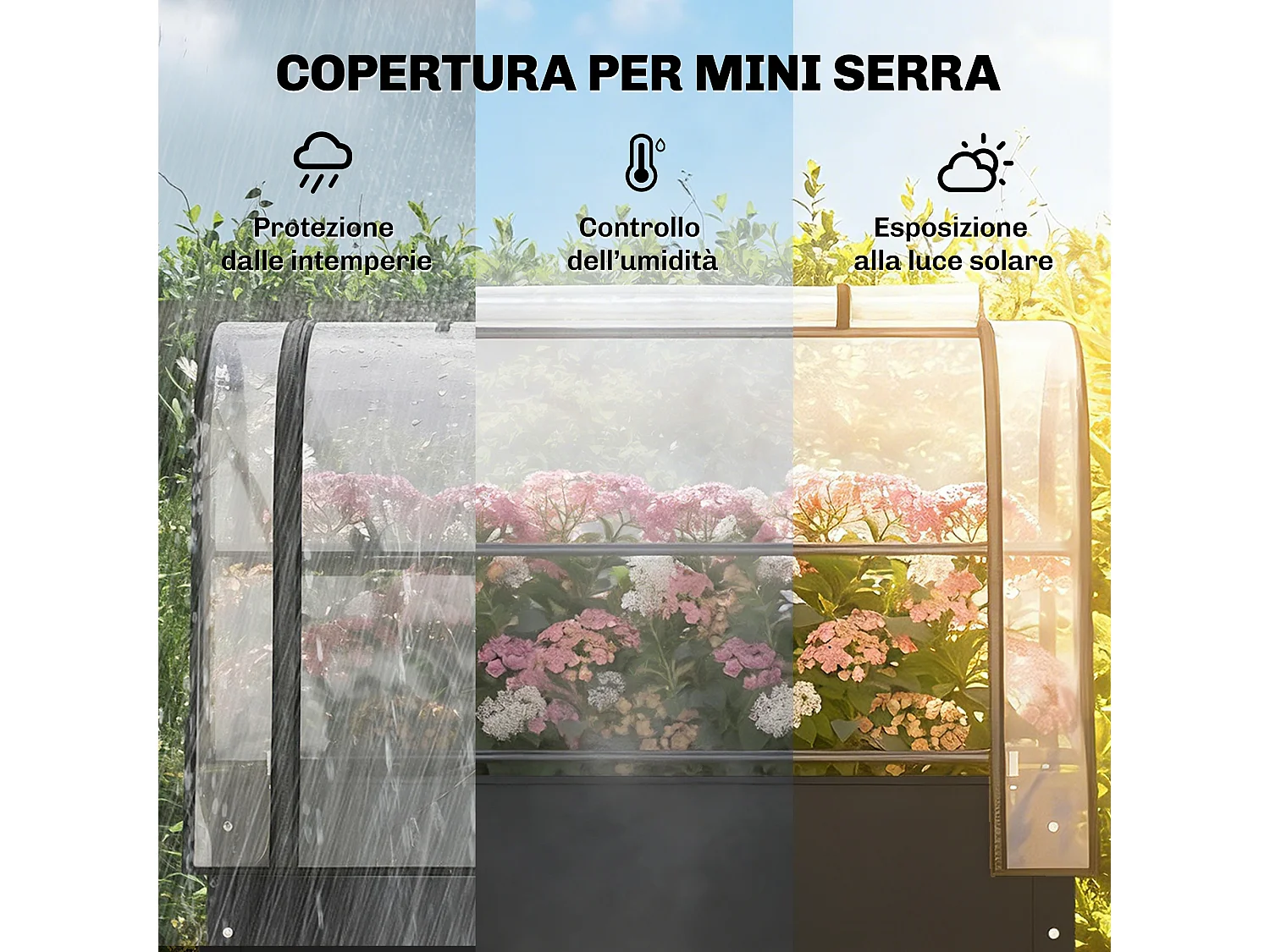 Letto per orto rialzato con mini serra e foro di drenaggio nero