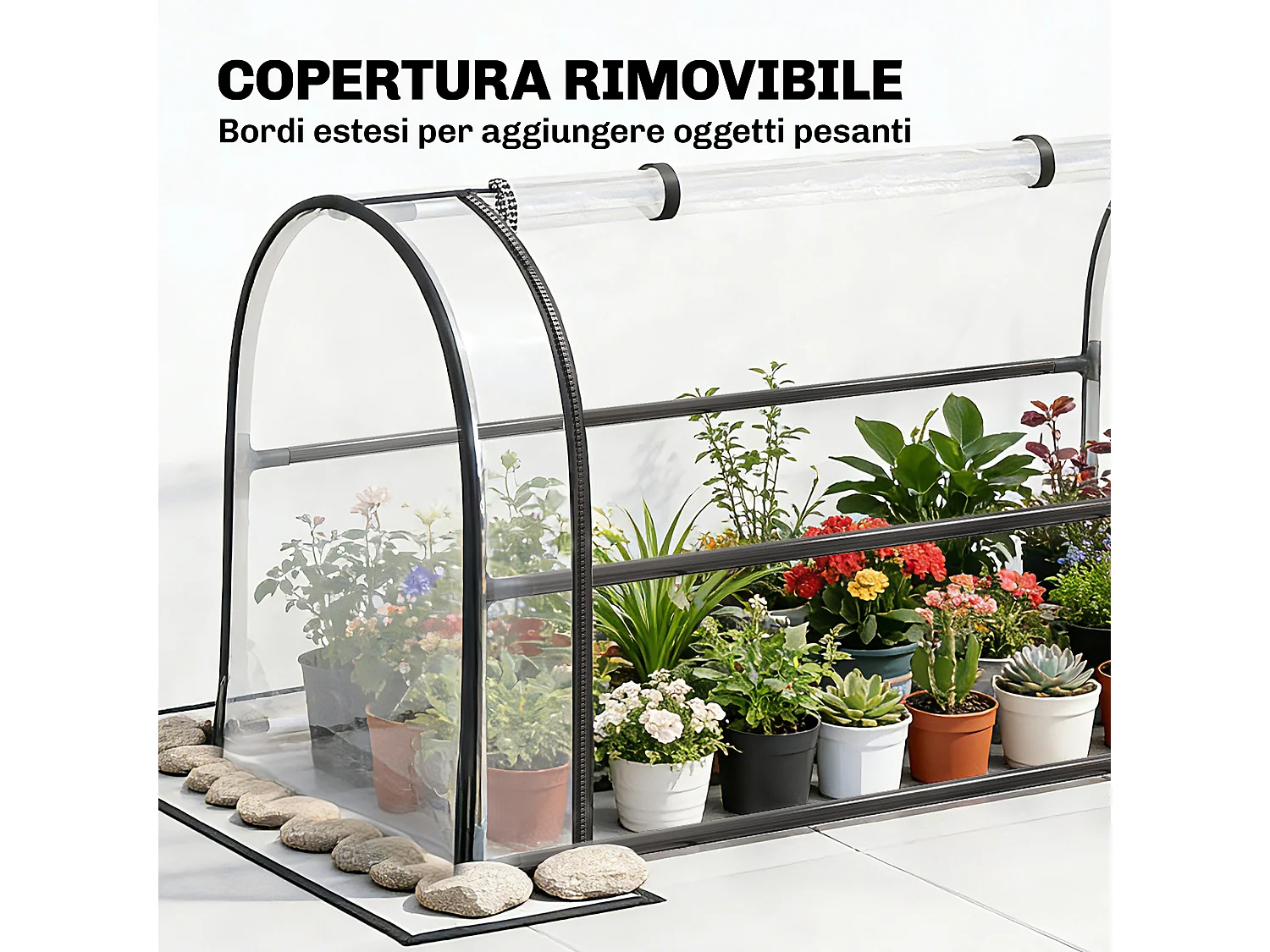 Letto per orto rialzato con mini serra e foro di drenaggio nero